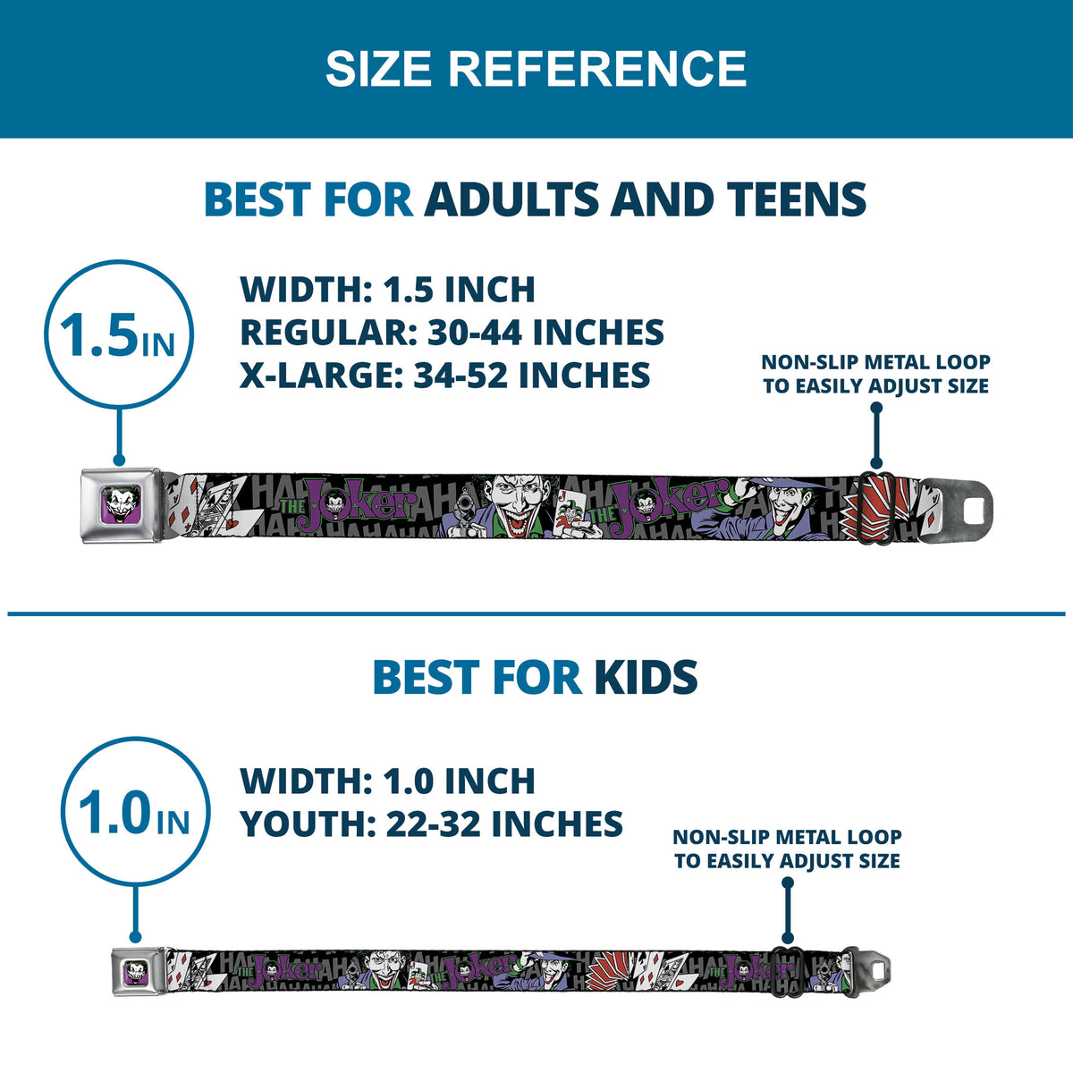 Joker Face Full Color Seatbelt Belt - The Joker Pose/Cards/HAHAHAHA Black/Gray Webbing Seatbelt Belts DC Comics