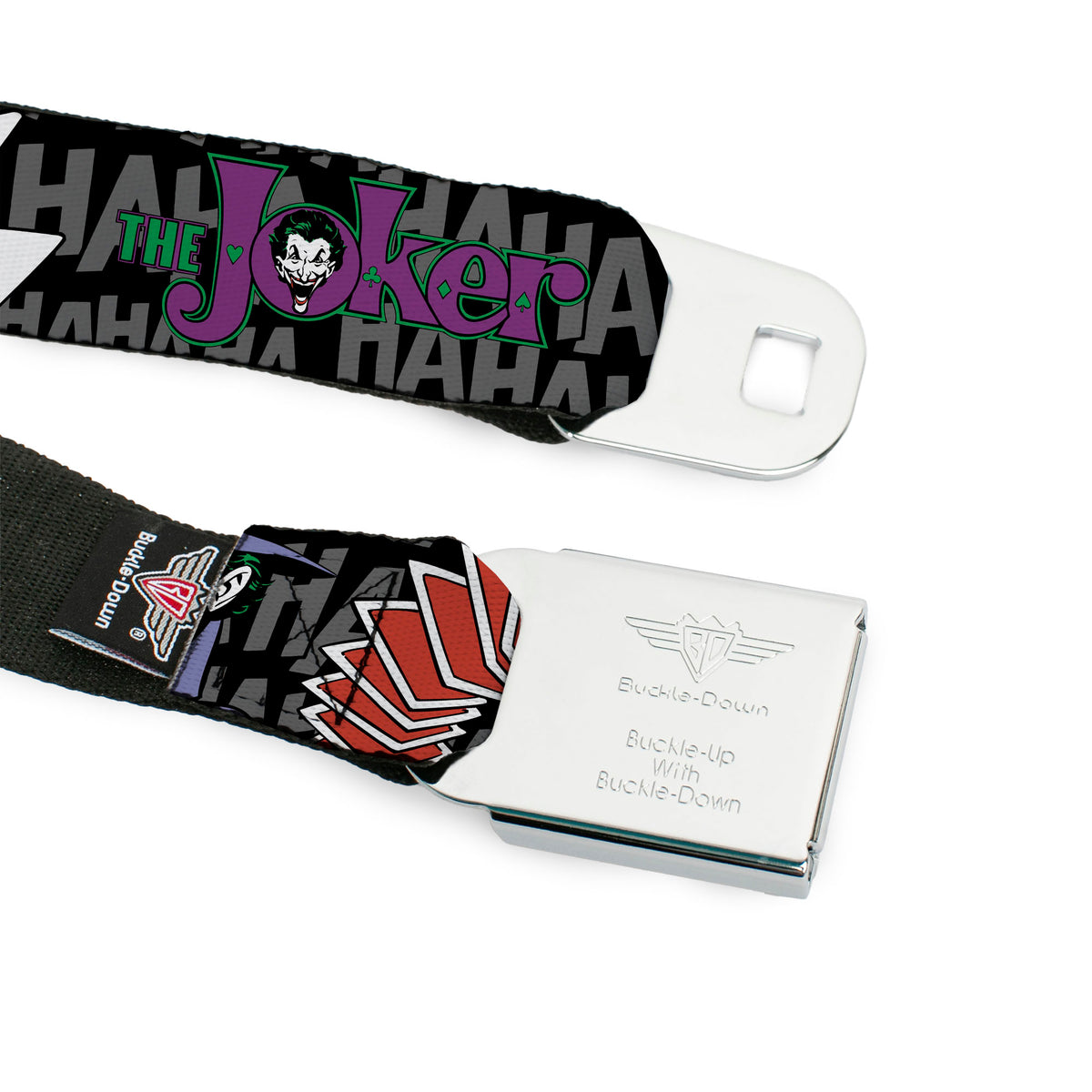 Joker Face Full Color Seatbelt Belt - The Joker Pose/Cards/HAHAHAHA Black/Gray Webbing Seatbelt Belts DC Comics