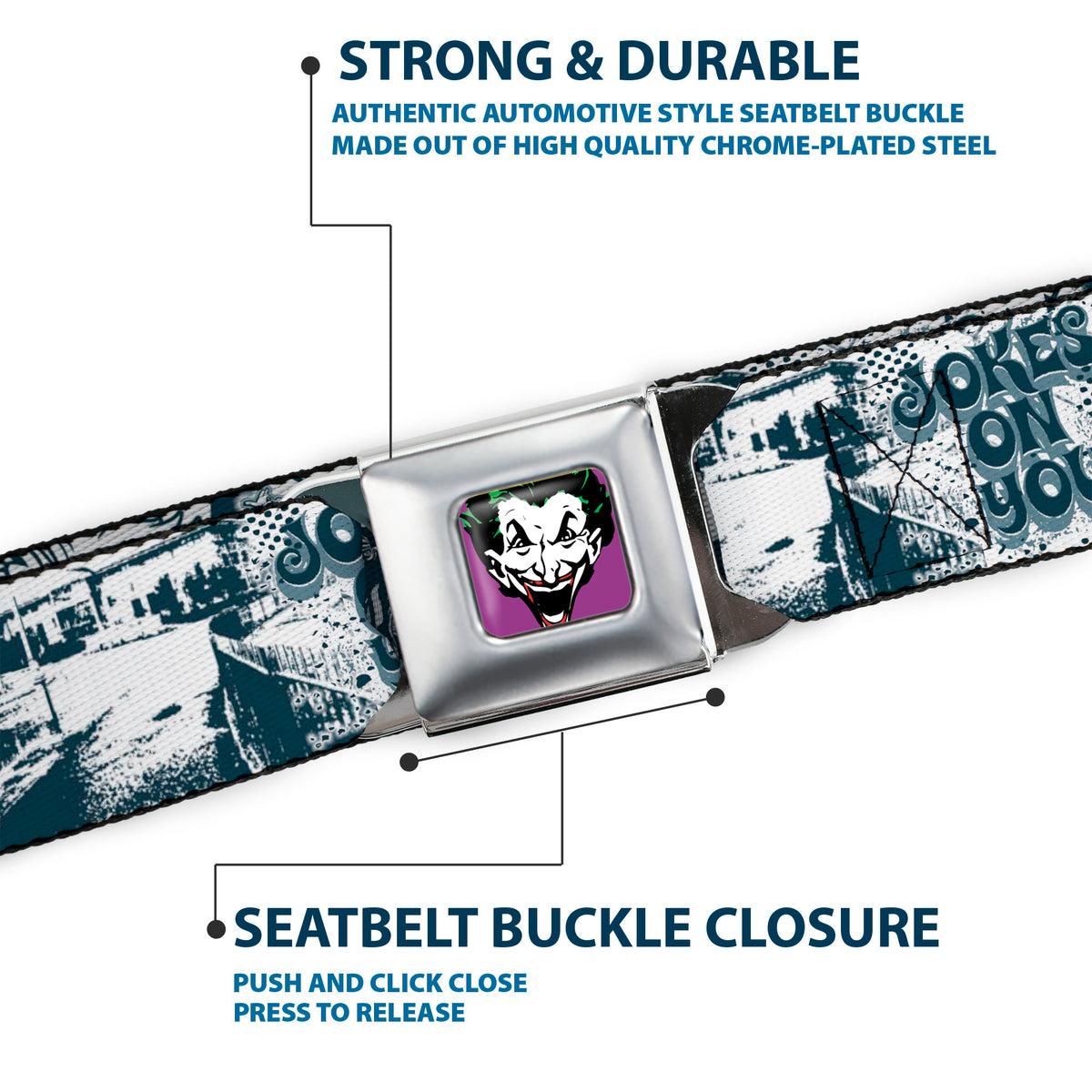 Joker Face Full Color Seatbelt Belt - Joker Spray Painted/Street Pose JOKES ON YOU White/Grays Webbing Seatbelt Belts DC Comics