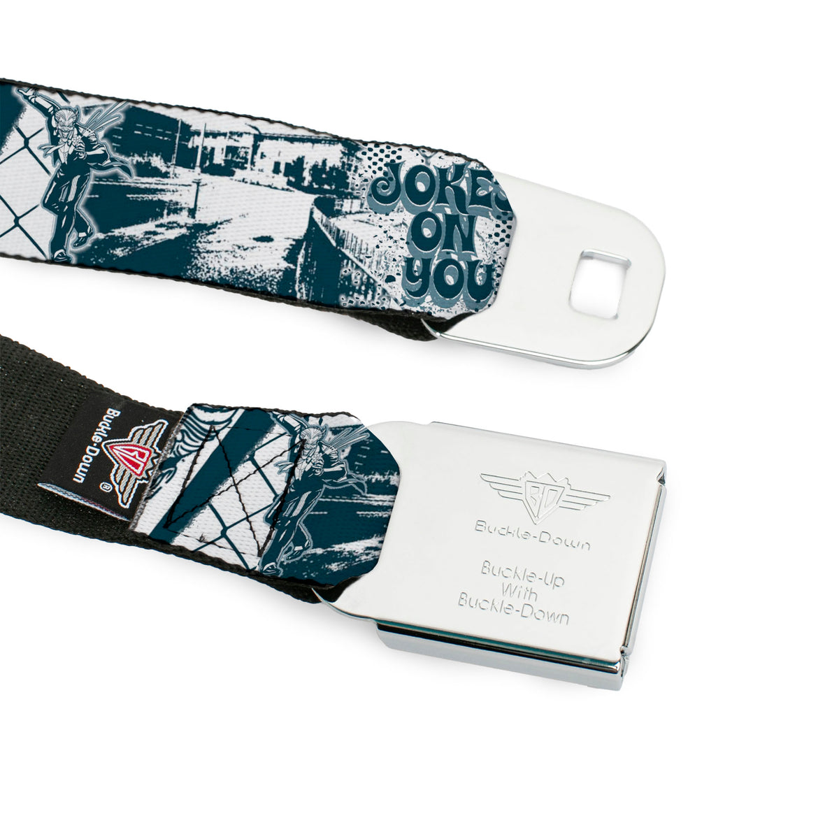 Joker Face Full Color Seatbelt Belt - Joker Spray Painted/Street Pose JOKES ON YOU White/Grays Webbing Seatbelt Belts DC Comics