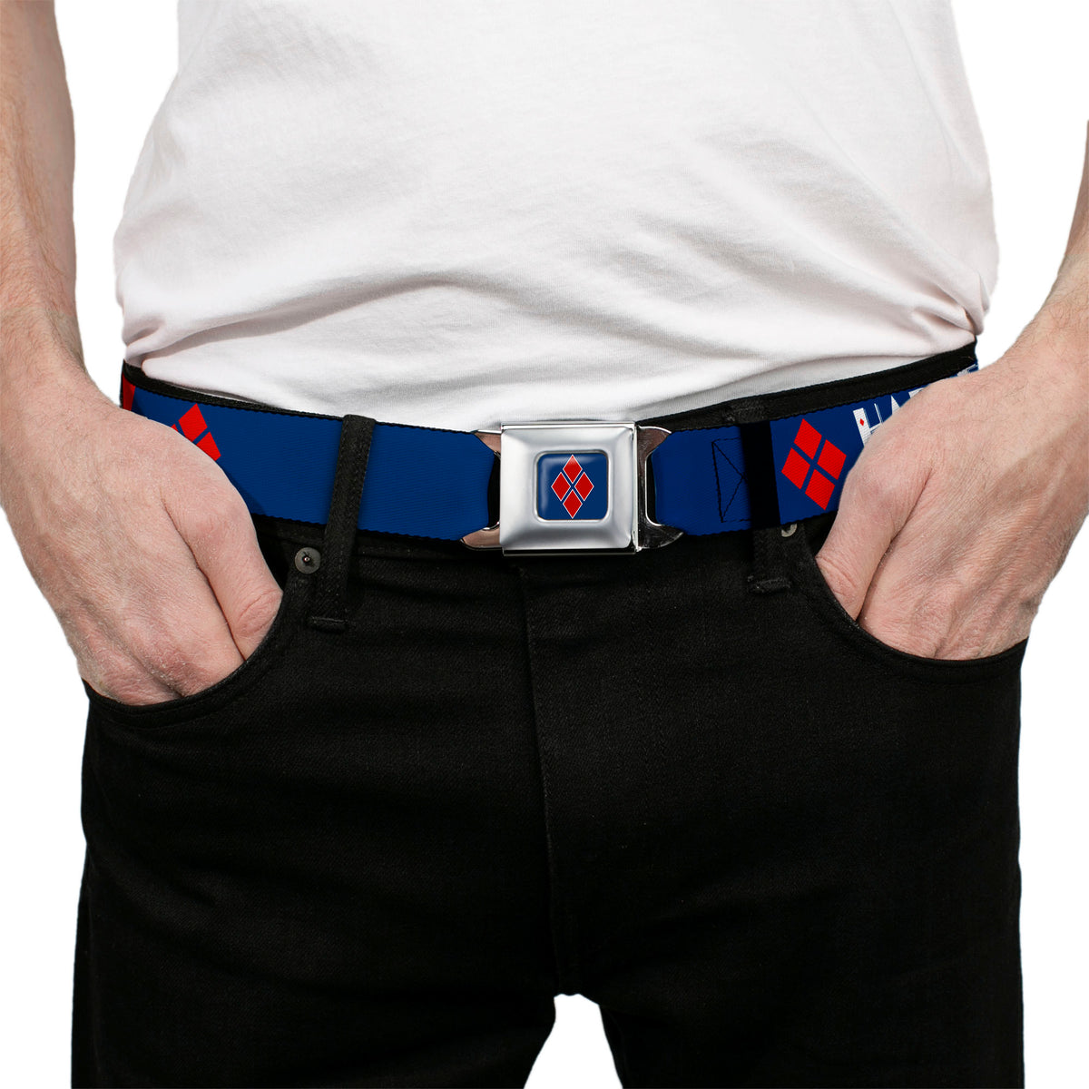 Harley Quinn Diamond Full Color Blue Red Seatbelt Belt - HARLEY QUINN/Diamonds Blue/Red/White Webbing Seatbelt Belts DC Comics
