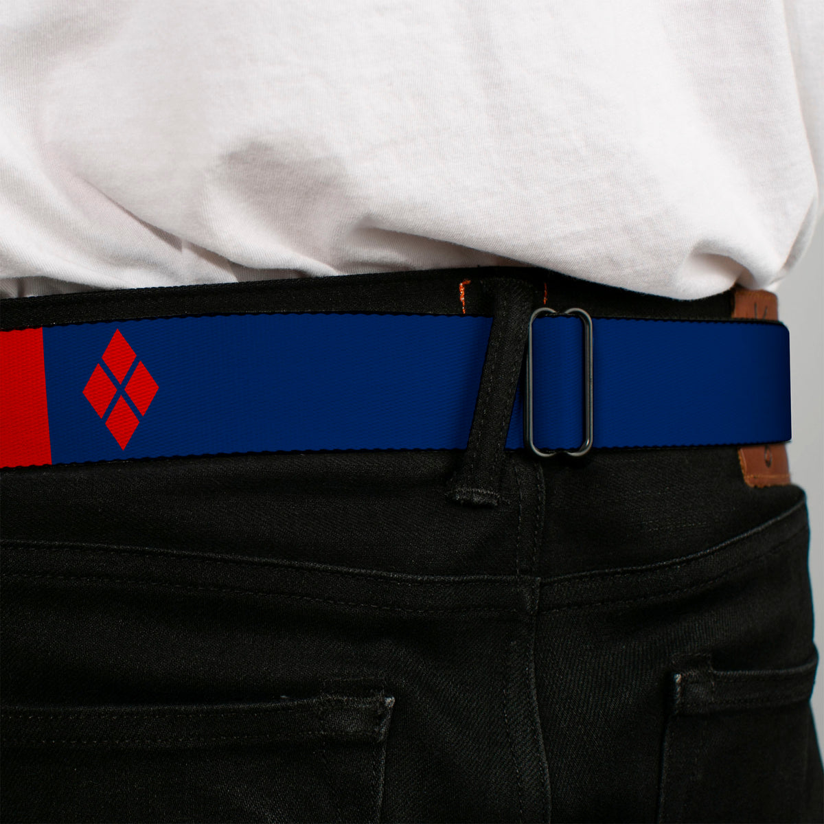 Harley Quinn Diamond Full Color Blue Red Seatbelt Belt - HARLEY QUINN/Diamonds Blue/Red/White Webbing Seatbelt Belts DC Comics