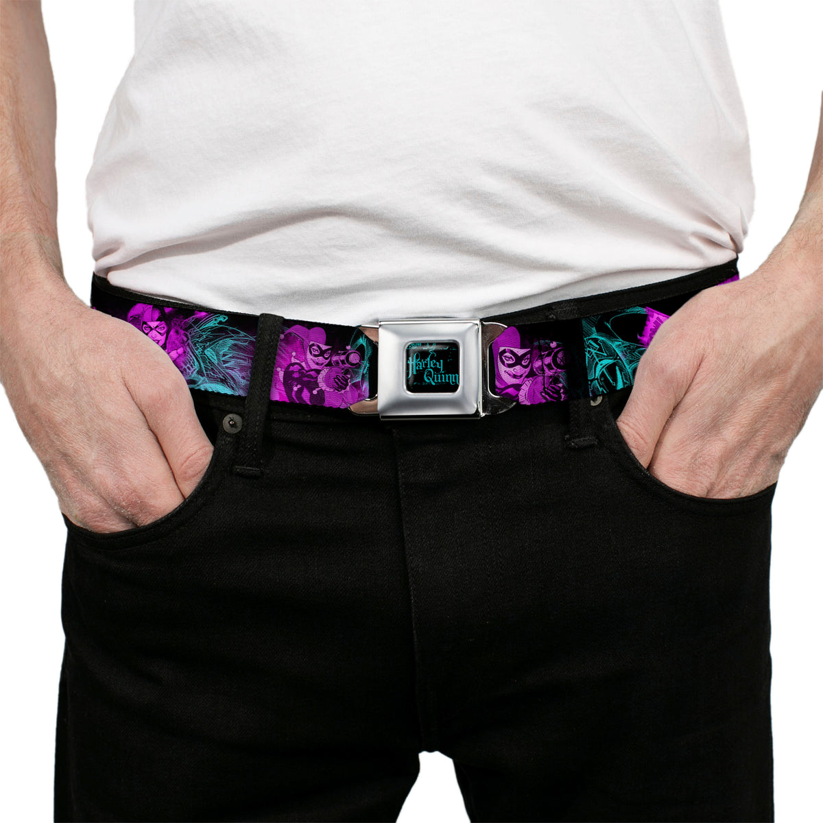 HARLEY QUINN Full Color Black Turquoise Seatbelt Belt - HARLEY QUINN Pow & Aiming Poses/Joker Sketch Black/Turquoise/Fuchsia Webbing Seatbelt Belts DC Comics