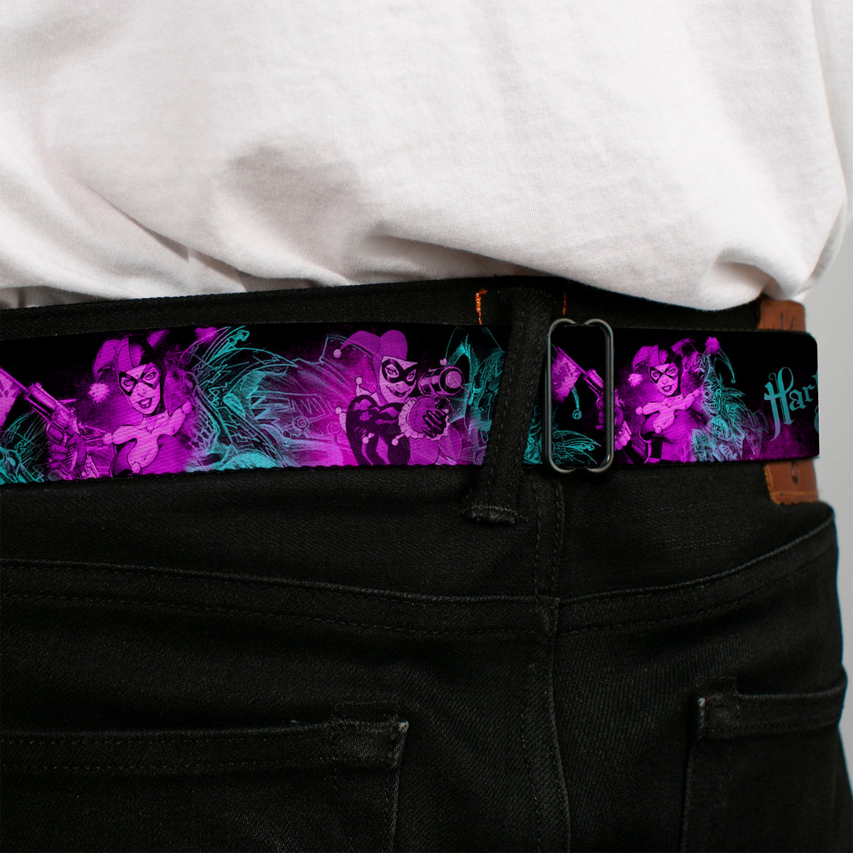 HARLEY QUINN Full Color Black Turquoise Seatbelt Belt - HARLEY QUINN Pow & Aiming Poses/Joker Sketch Black/Turquoise/Fuchsia Webbing Seatbelt Belts DC Comics