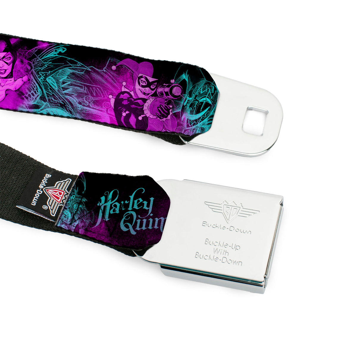 HARLEY QUINN Full Color Black Turquoise Seatbelt Belt - HARLEY QUINN Pow & Aiming Poses/Joker Sketch Black/Turquoise/Fuchsia Webbing Seatbelt Belts DC Comics