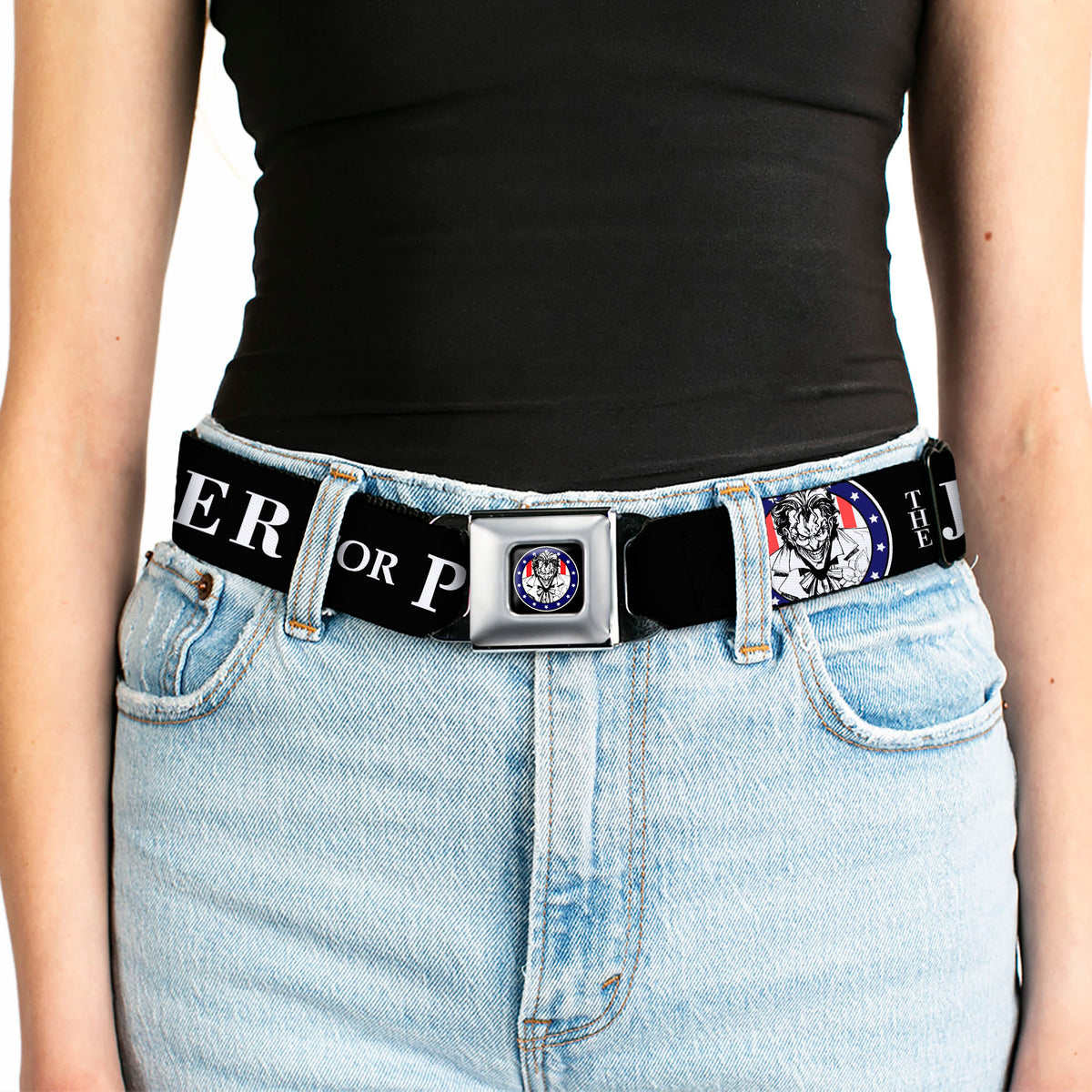 Joker Presidential Seal Full Color Black White Blue Red Seatbelt Belt - THE JOKER FOR PRESIDENT/Joker Presidential Seal CLOSE-UP Black/White/Blue/Red Webbing Seatbelt Belts DC Comics