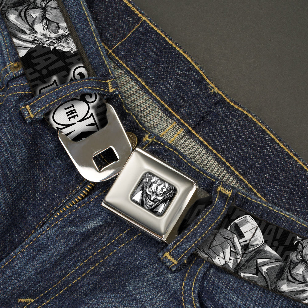 Joker Smiling Full Color Black/Grays/White Seatbelt Belt - THE JOKER Smiling/Wine Glass Poses HA! HA! Black/Grays/White Webbing Seatbelt Belts DC Comics