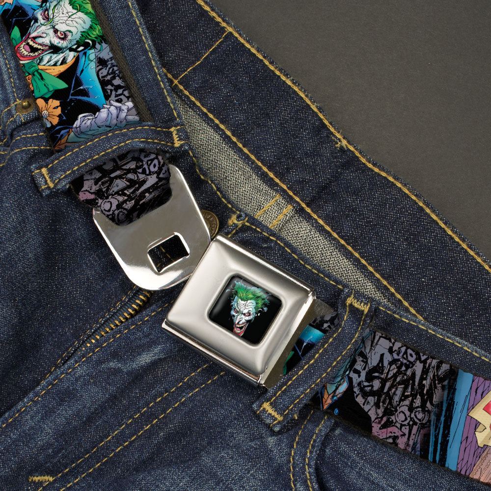Joker Laughing Face CLOSE-UP Black Seatbelt Belt - Joker BANG Gun Alley Pose CLOSE-UP Webbing Seatbelt Belts DC Comics