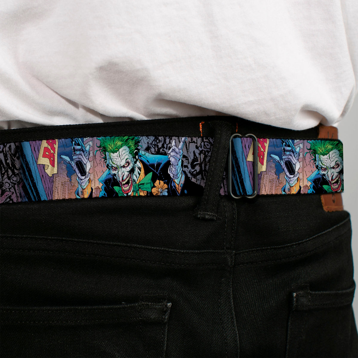 Joker Laughing Face CLOSE-UP Black Seatbelt Belt - Joker BANG Gun Alley Pose CLOSE-UP Webbing Seatbelt Belts DC Comics