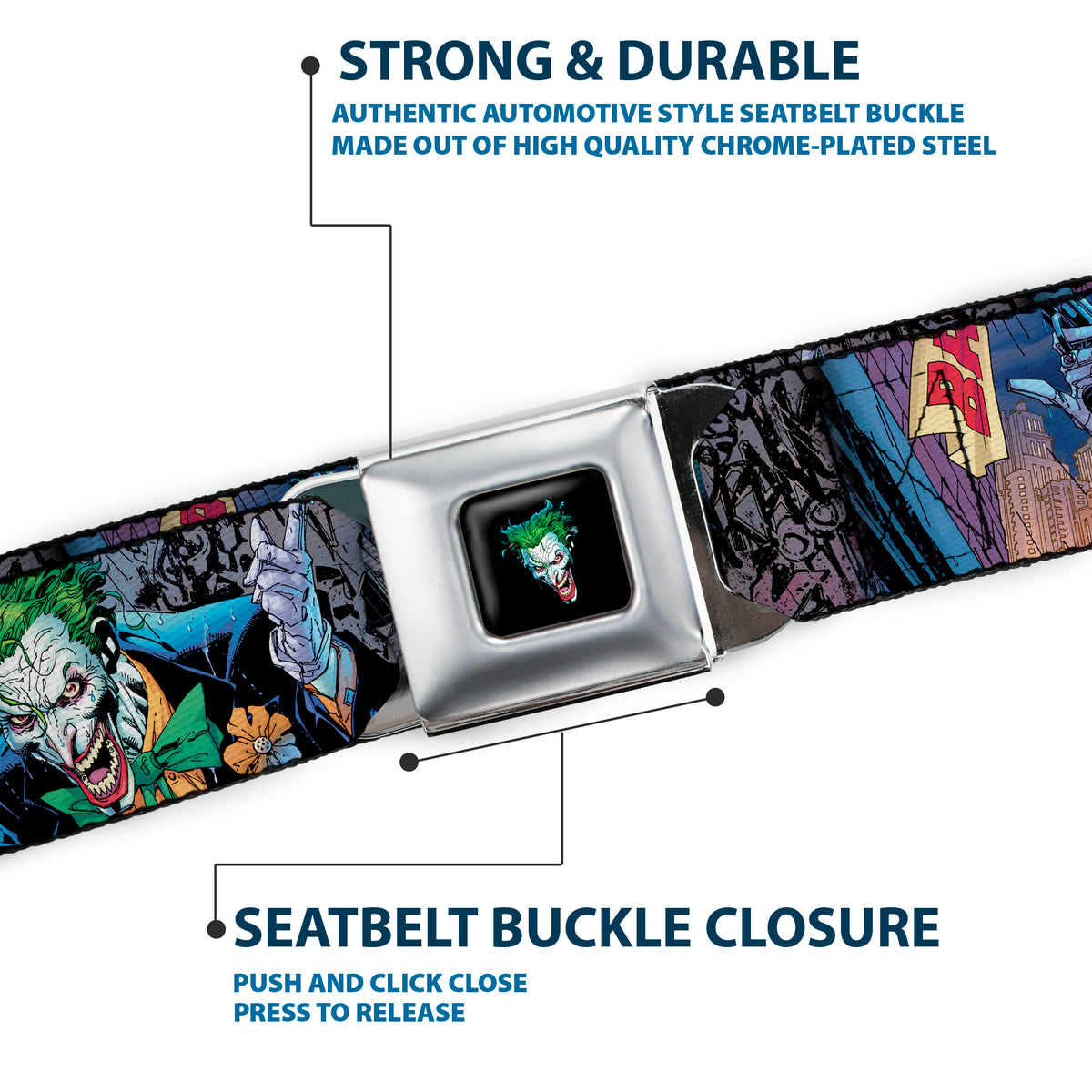 Joker Laughing Face CLOSE-UP Black Seatbelt Belt - Joker BANG Gun Alley Pose CLOSE-UP Webbing Seatbelt Belts DC Comics
