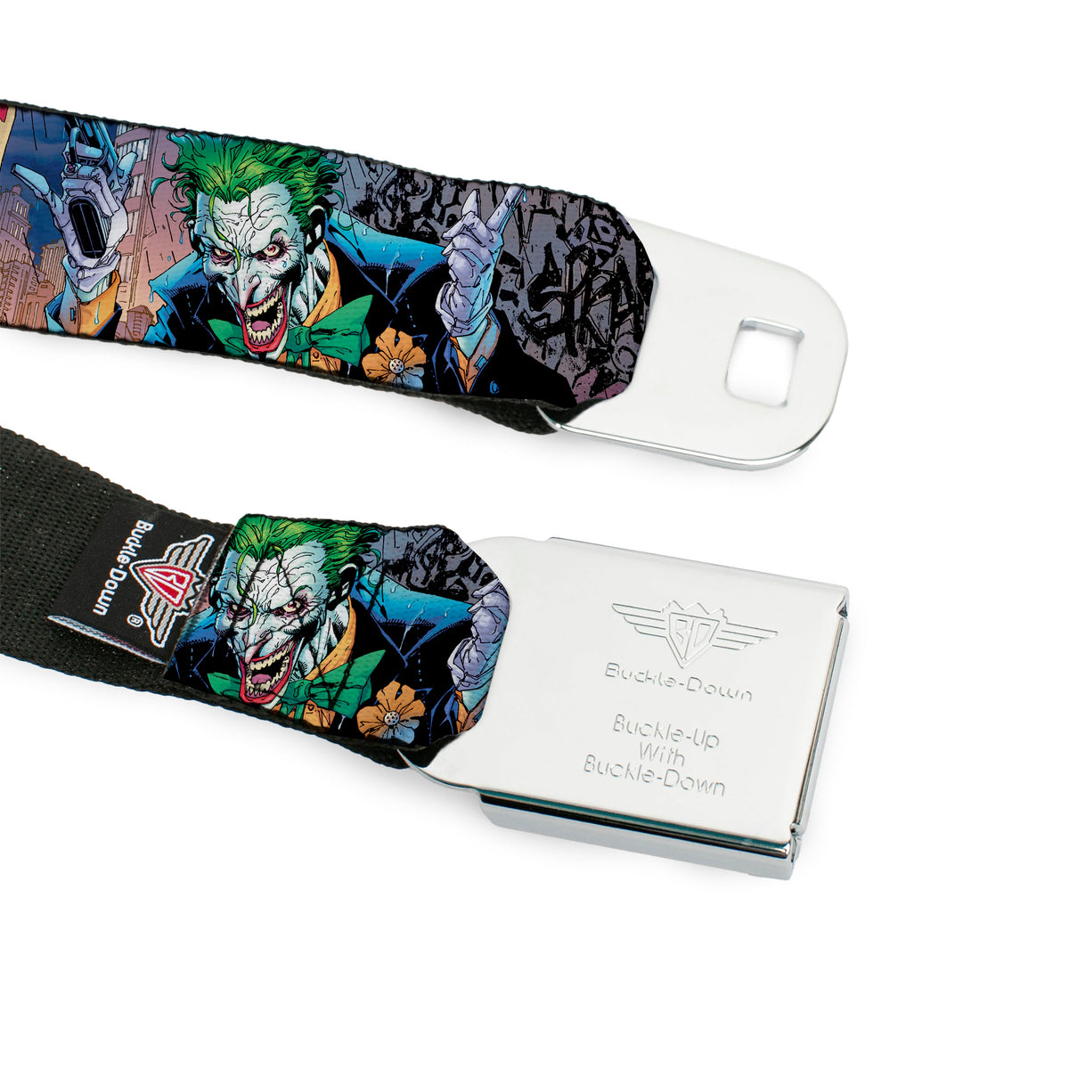 Joker Laughing Face CLOSE-UP Black Seatbelt Belt - Joker BANG Gun Alley Pose CLOSE-UP Webbing Seatbelt Belts DC Comics