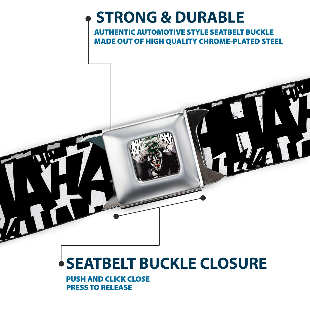 Joker's Laugh HAHAHA Repeat Full Color White/Black Seatbelt Belt - Joker's Laugh HAHAHA Repeat White/Black Webbing Seatbelt Belts DC Comics