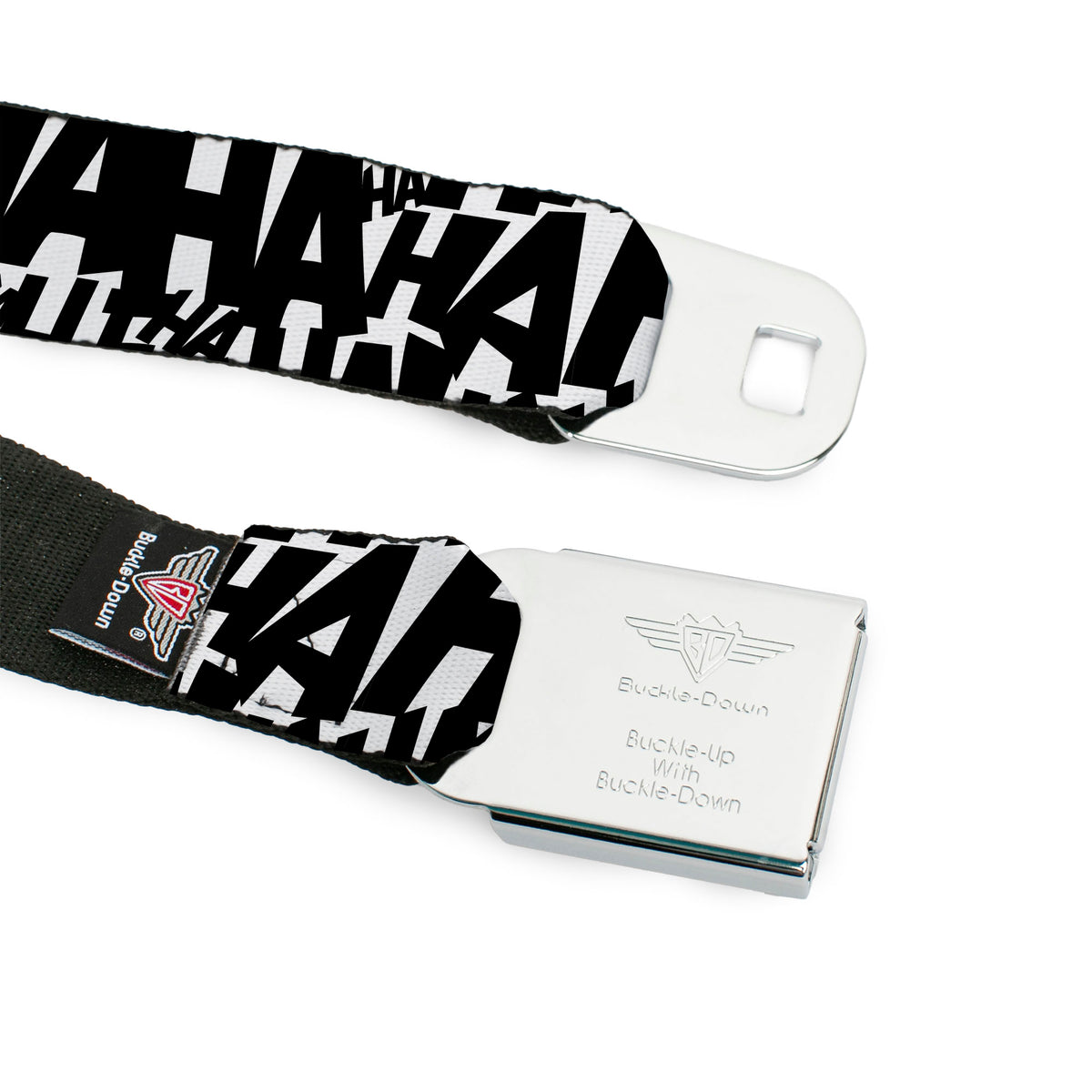 Joker's Laugh HAHAHA Repeat Full Color White/Black Seatbelt Belt - Joker's Laugh HAHAHA Repeat White/Black Webbing Seatbelt Belts DC Comics