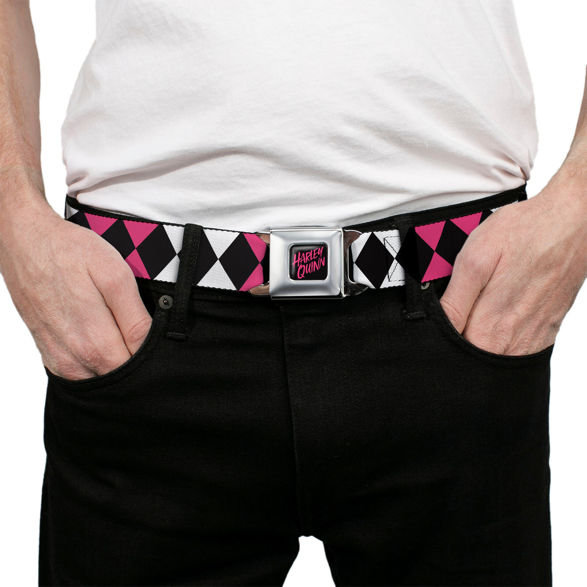 Birds of Prey HARLEY QUINN Text Full Color Black/Pink Seatbelt Belt - Birds of Prey Harley Quinn Diamonds Split White/Black/Pink/Black Webbing Seatbelt Belts DC Comics