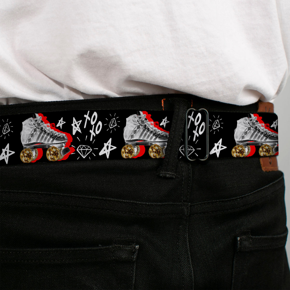 Birds of Prey HARLEY QUINN Text Full Color Black/White Seatbelt Belt - Birds of Prey Harley Quinn Roller Skates/Icons Collage Black/White/Red Webbing Seatbelt Belts DC Comics