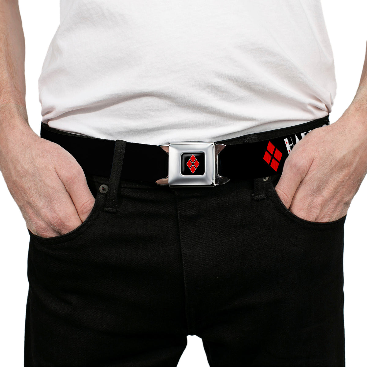 Harley Quinn Diamond Full Color Black Red Seatbelt Belt - HARLEY QUINN/Diamonds Black/Red/White Webbing Seatbelt Belts DC Comics