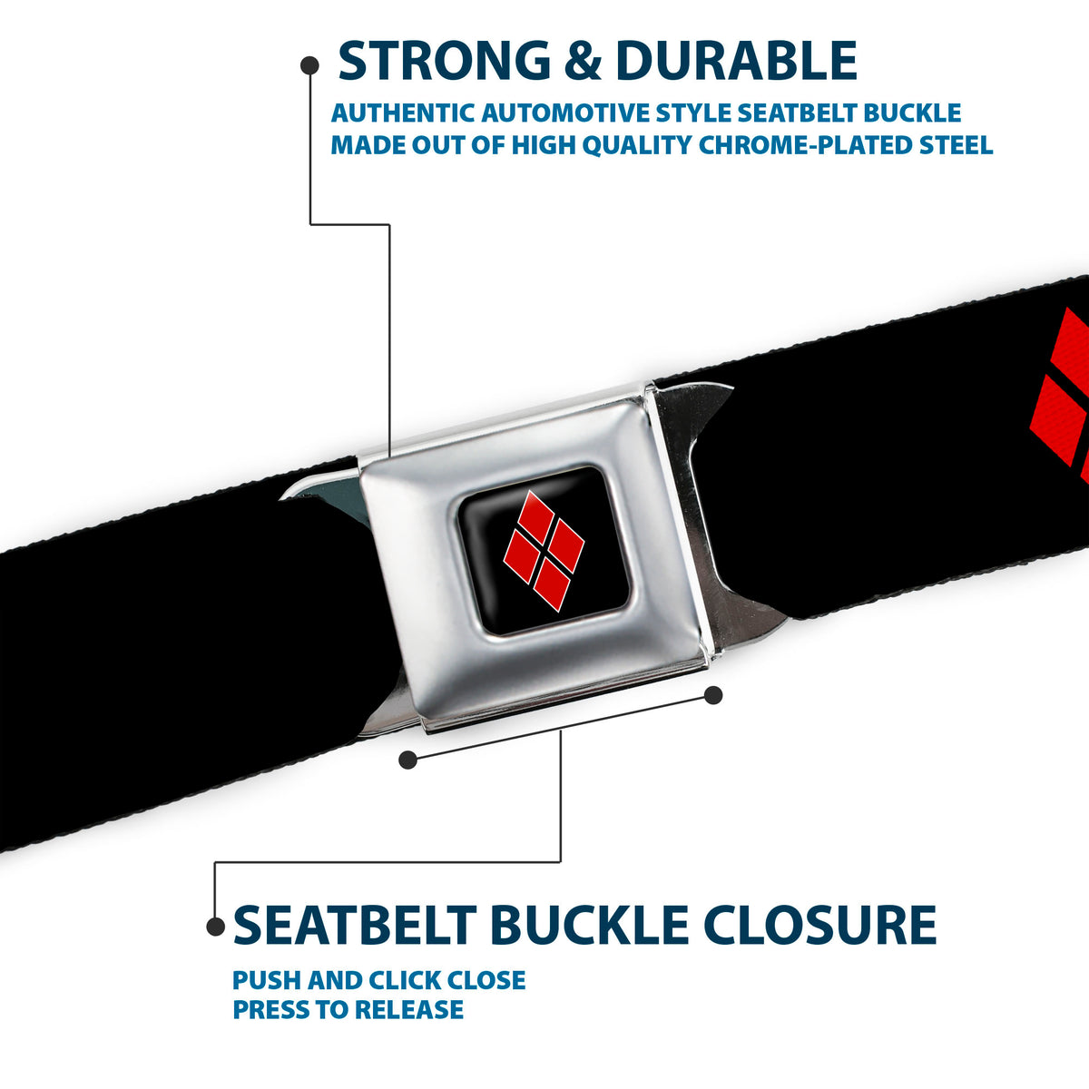 Harley Quinn Diamond Full Color Black Red Seatbelt Belt - HARLEY QUINN/Diamonds Black/Red/White Webbing Seatbelt Belts DC Comics