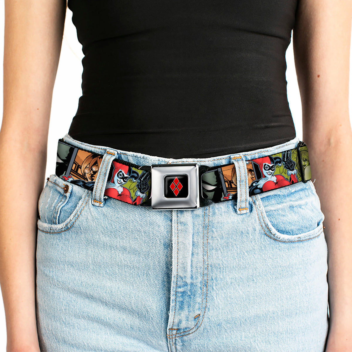 Harley Quinn Diamond Full Color Black/Red Seatbelt Belt - Harley Quinn/Night and Day Comic Book Character Blocks Webbing Seatbelt Belts DC Comics