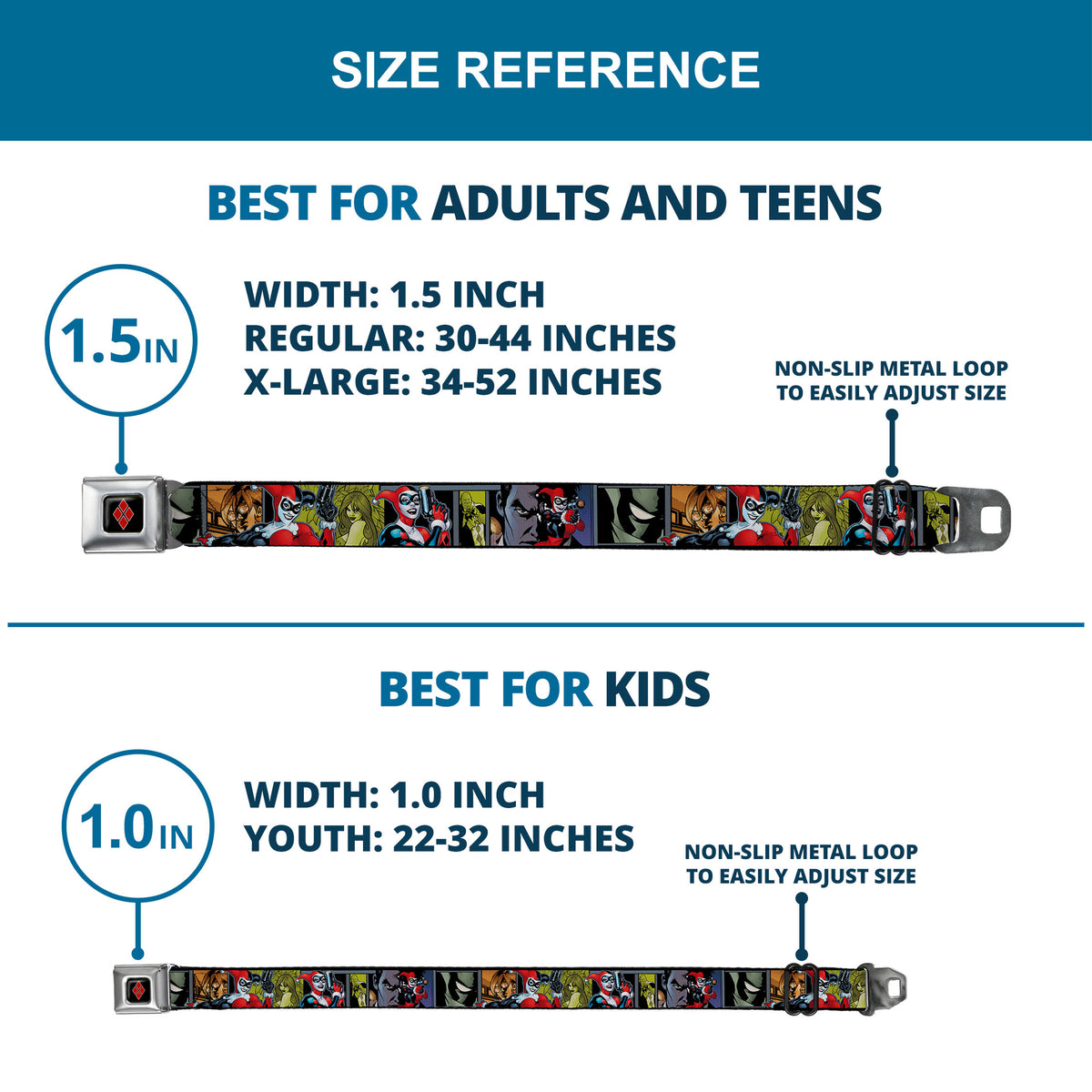 Harley Quinn Diamond Full Color Black/Red Seatbelt Belt - Harley Quinn/Night and Day Comic Book Character Blocks Webbing Seatbelt Belts DC Comics