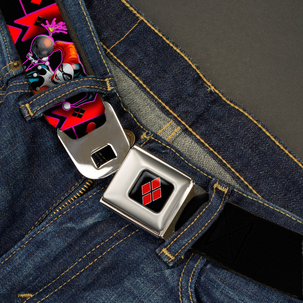 Harley Quinn Diamond Full Color Black Red Seatbelt Belt - HARLEY QUINN Bomb Poses/Suits Black/Purple/Red Webbing Seatbelt Belts DC Comics