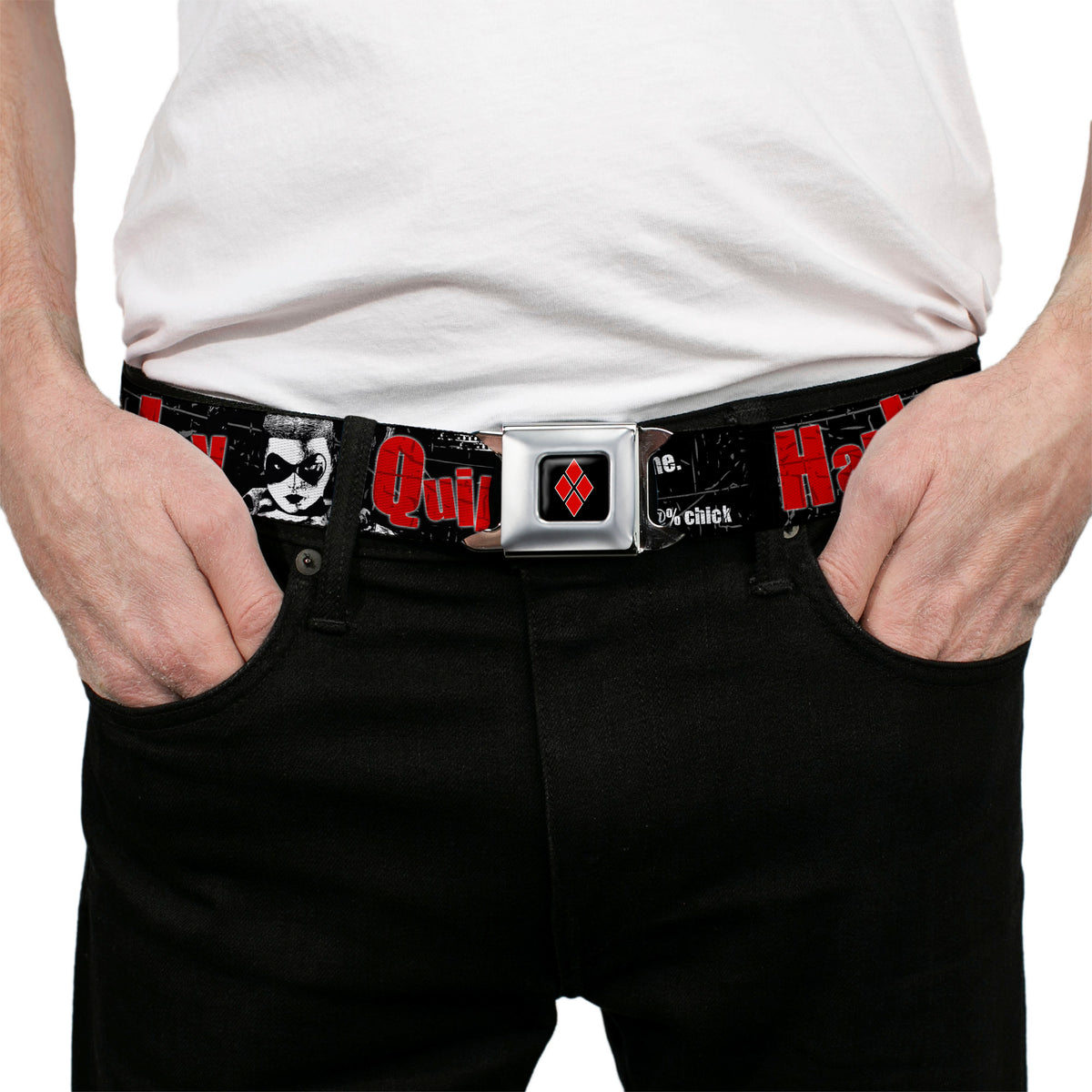 Harley Quinn Diamond Full Color Black Red Seatbelt Belt - HARLEY QUINN Face METROPOLIS WILL NEVER BE THE SAME Black/White/Red Webbing Seatbelt Belts DC Comics