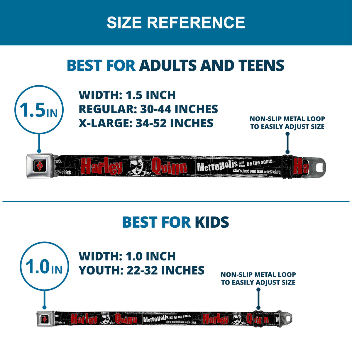 Harley Quinn Diamond Full Color Black Red Seatbelt Belt - HARLEY QUINN Face METROPOLIS WILL NEVER BE THE SAME Black/White/Red Webbing Seatbelt Belts DC Comics