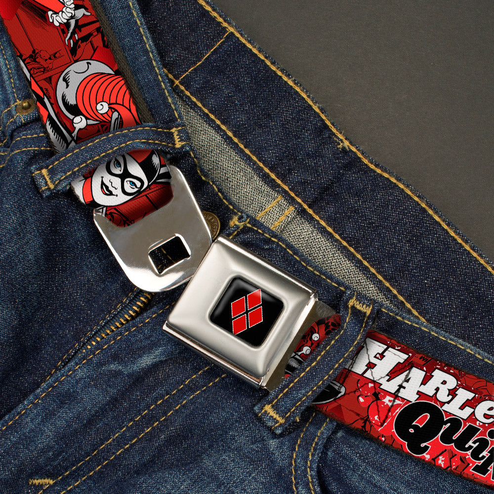 Harley Quinn Diamond Full Color Black Red Seatbelt Belt - HARLEY QUINN Poses/Comic Book Scenes Reds/Black Webbing Seatbelt Belts DC Comics