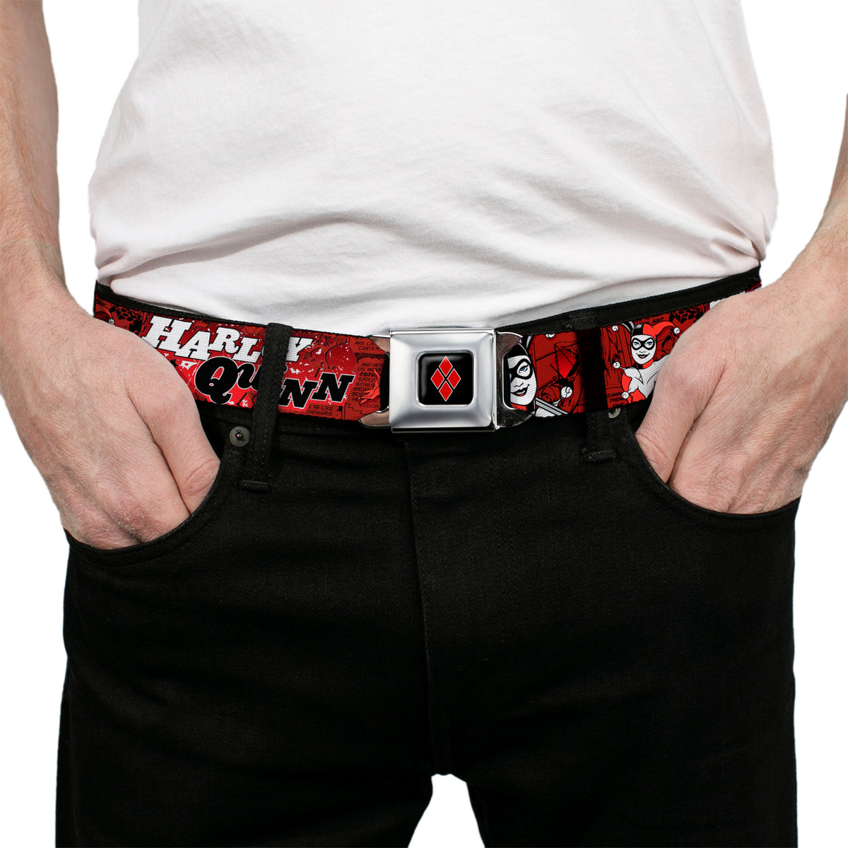 Harley Quinn Diamond Full Color Black Red Seatbelt Belt - HARLEY QUINN Poses/Comic Book Scenes Reds/Black Webbing Seatbelt Belts DC Comics
