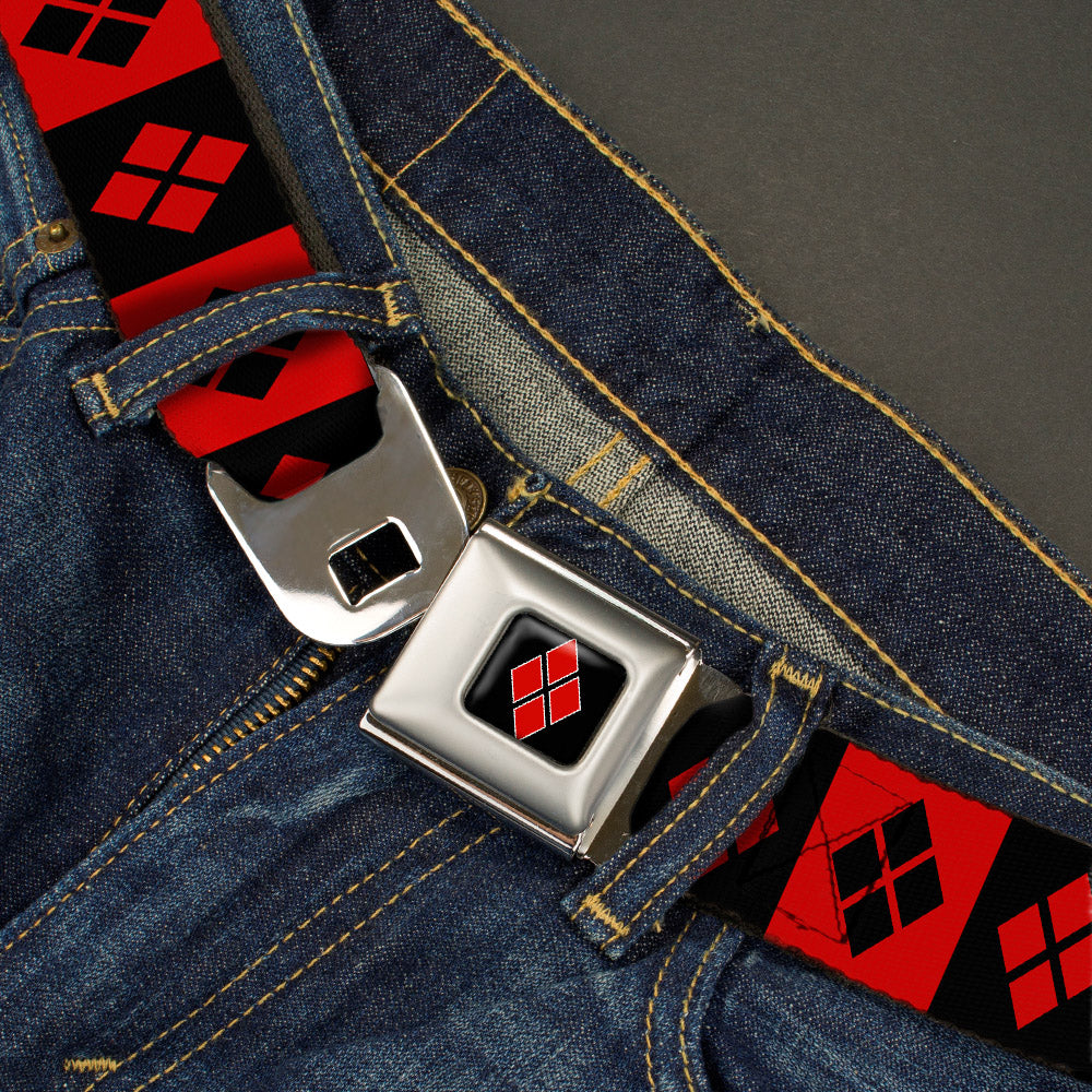Harley Quinn Diamond Full Color Black Red Seatbelt Belt - Harley Quinn Diamond Blocks Red/Black Black/Red Webbing Seatbelt Belts DC Comics