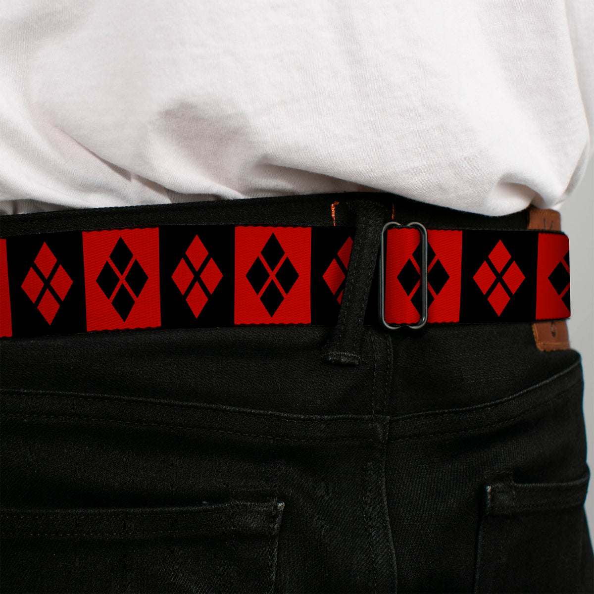 Harley Quinn Diamond Full Color Black Red Seatbelt Belt - Harley Quinn Diamond Blocks Red/Black Black/Red Webbing Seatbelt Belts DC Comics