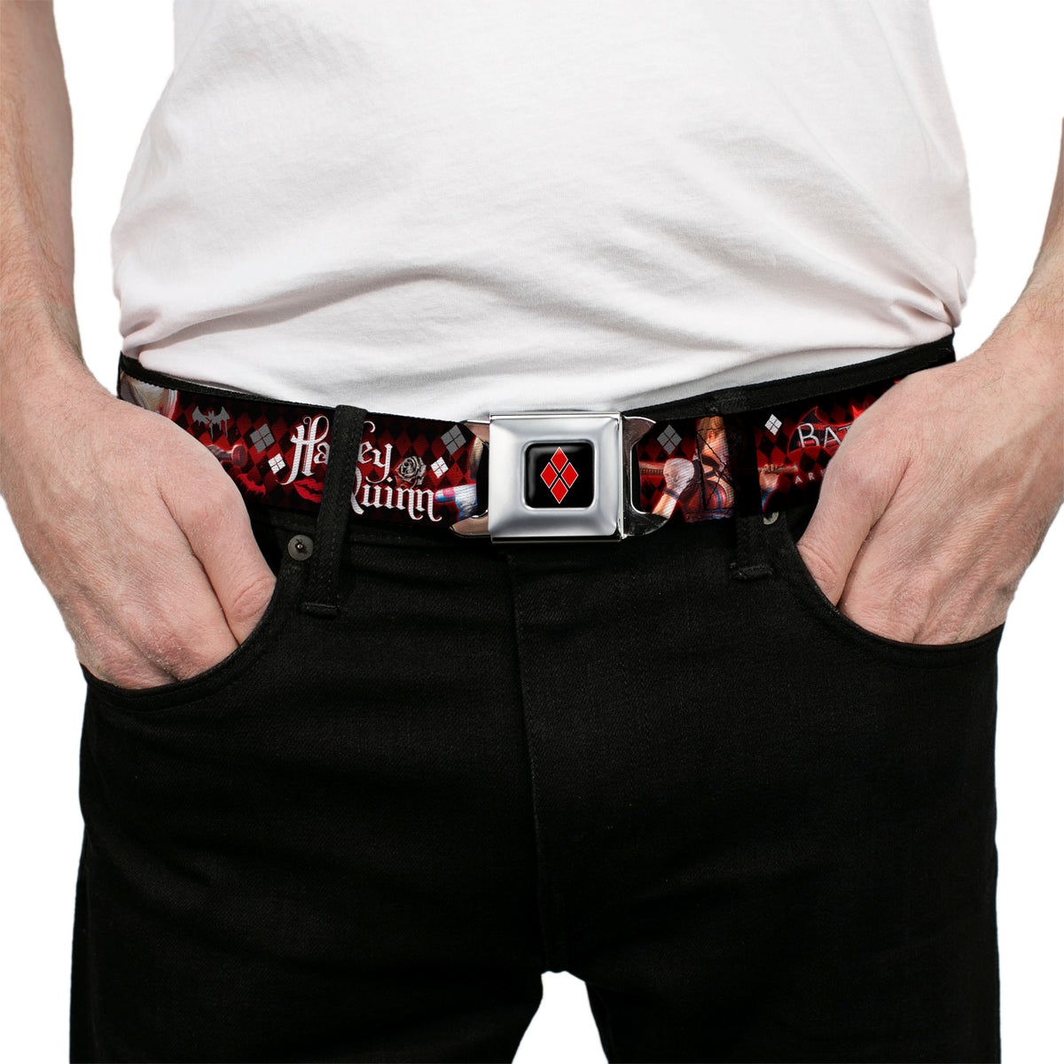 Harley Quinn Diamond Full Color Black Red Seatbelt Belt - BATMAN ARKHAM KNIGHT Logo HARLEY QUINN Bat Poses Diamonds/Bats/Kisses Black/Reds/White Webbing Seatbelt Belts DC Comics