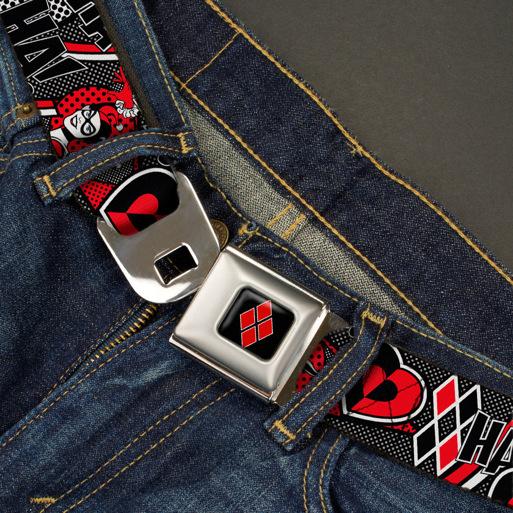 Harley Quinn Diamond Full Color Black Red Seatbelt Belt - Harley Quinn Poses/HAHAHA!/Diamonds/Hearts Halftone White/Black/Red Webbing Seatbelt Belts DC Comics