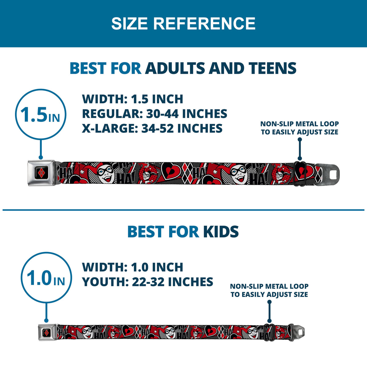 Harley Quinn Diamond Full Color Black Red Seatbelt Belt - Harley Quinn Poses/HAHAHA!/Diamonds/Hearts Halftone White/Black/Red Webbing Seatbelt Belts DC Comics