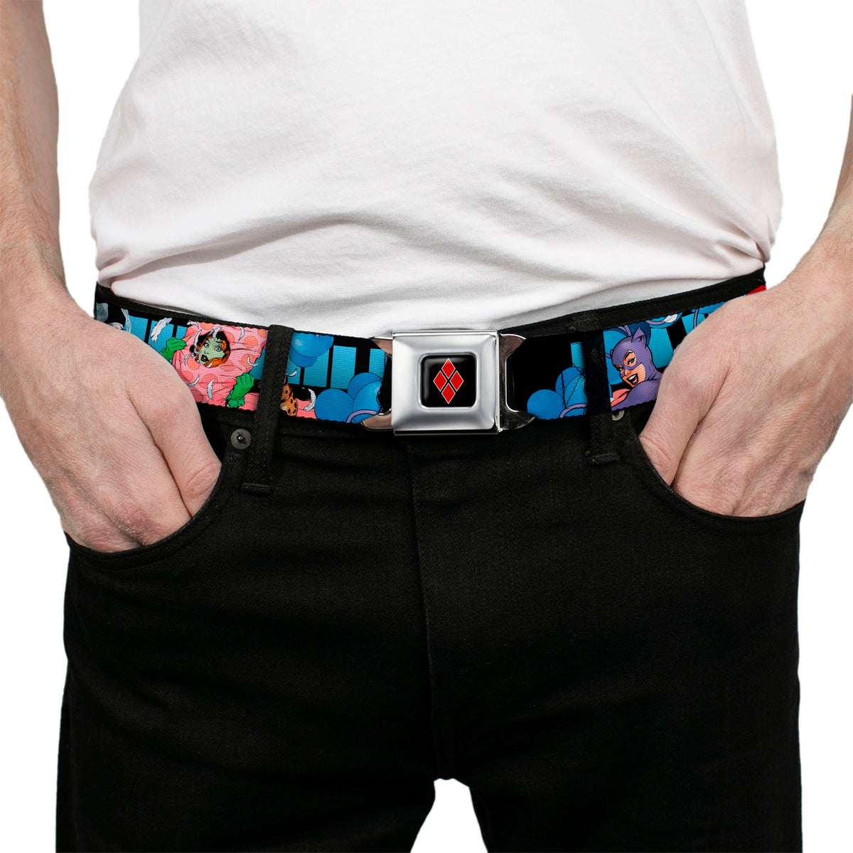 Harley Quinn Diamond Full Color Black Red Seatbelt Belt - Catwoman/Harley Quinn/Poison Ivy Pillow Fight Webbing Seatbelt Belts DC Comics