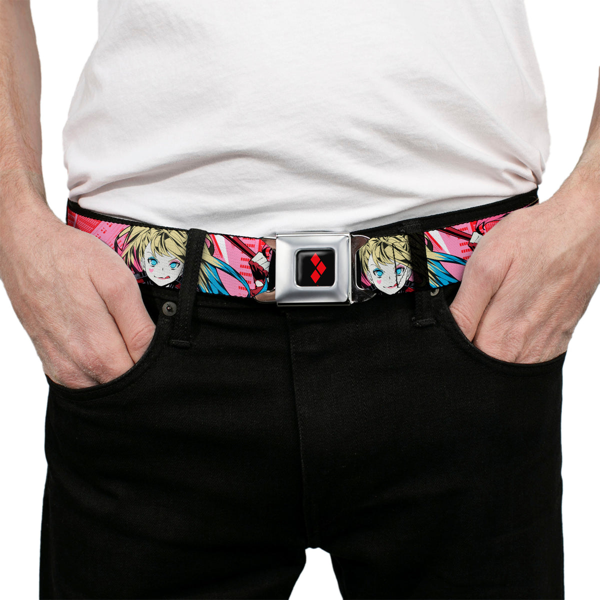 Harley Quinn Diamon Full Color Black/Red Seatbelt Belt - Harley Quinn Puddin Poses Anime Graphics Pink/Red Webbing Seatbelt Belts DC Comics