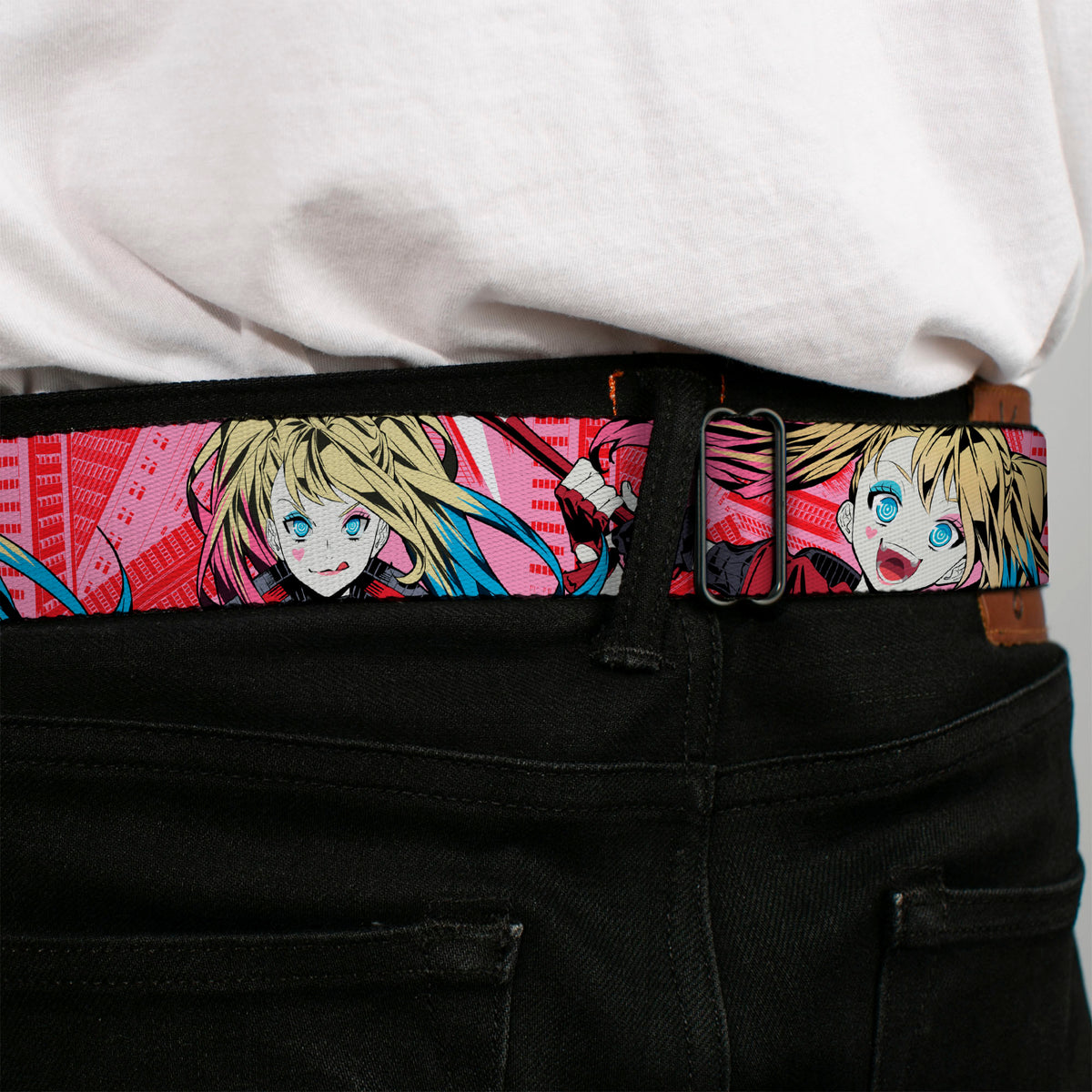 Harley Quinn Diamon Full Color Black/Red Seatbelt Belt - Harley Quinn Puddin Poses Anime Graphics Pink/Red Webbing Seatbelt Belts DC Comics