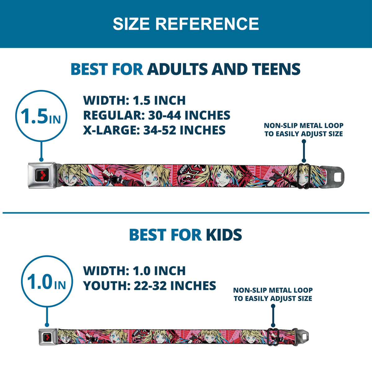 Harley Quinn Diamon Full Color Black/Red Seatbelt Belt - Harley Quinn Puddin Poses Anime Graphics Pink/Red Webbing Seatbelt Belts DC Comics