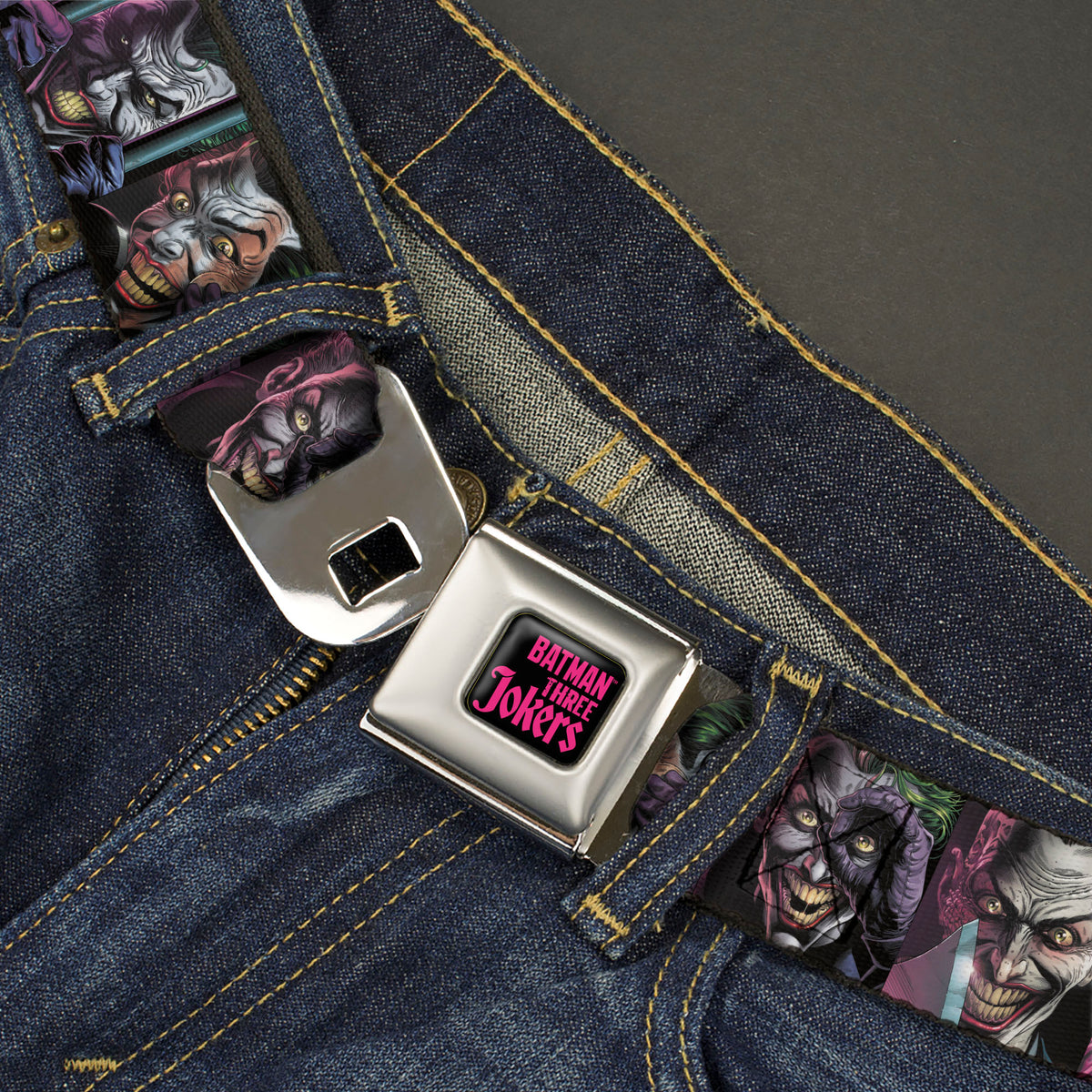 BATMAN THREE JOKERS Text Black/Purple Seatbelt Belt - Joker Comic Book Cover Face Blocks Webbing Seatbelt Belts DC Comics