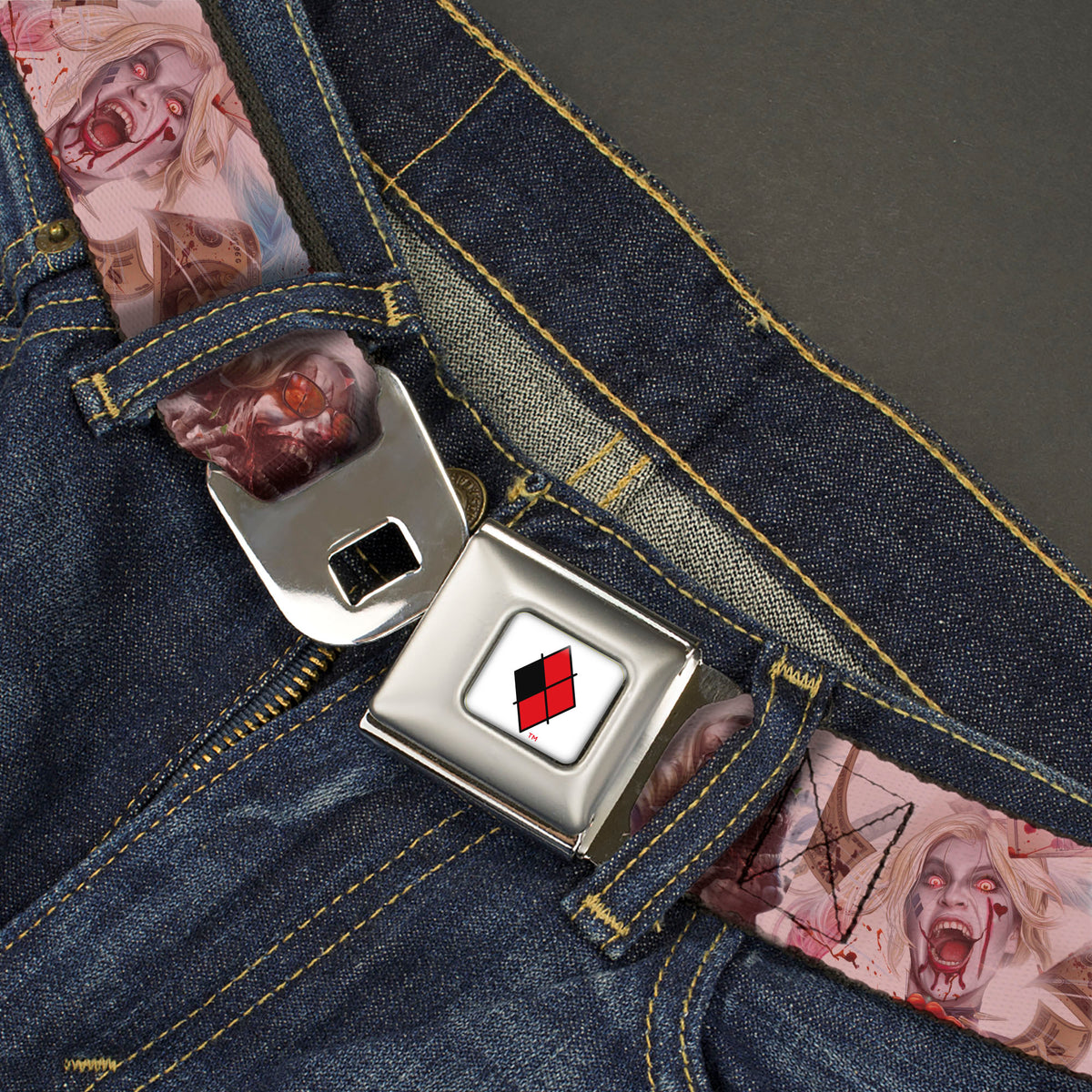 Harley Quinn Diamond Full Color White/Black/Red Seatbelt Belt - Harley Quinn Dceased Variant Cover Pose Blocks Webbing Seatbelt Belts DC Comics