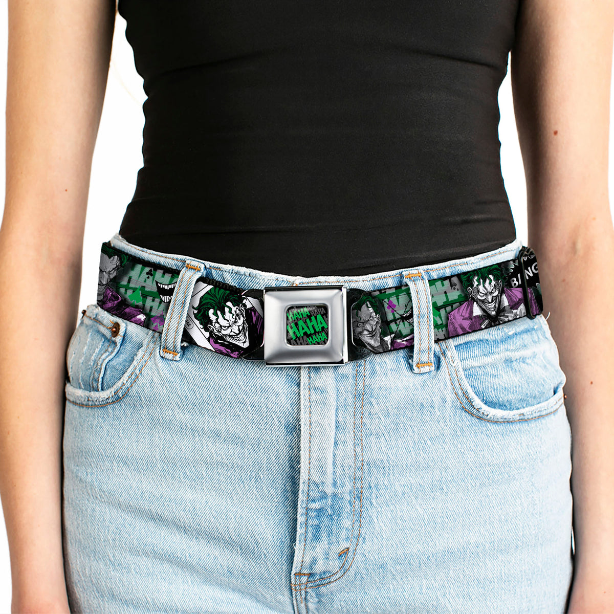 HAHA Stacked Full Color Black Gray Green Seatbelt Belt - The Joker 4-Poses/Joker Card HAHA/Smile/BANG! Grays/Greens/Purples Webbing Seatbelt Belts DC Comics