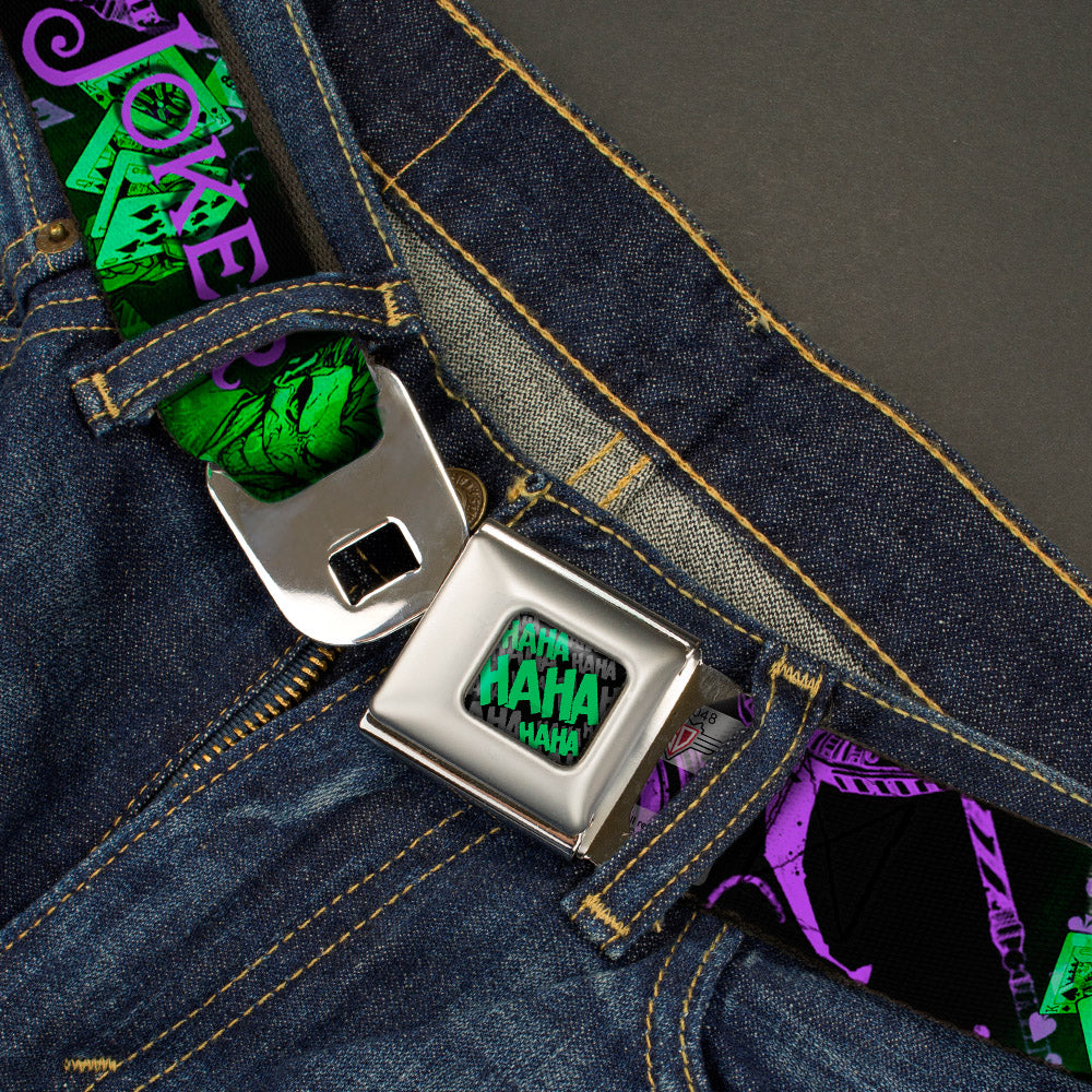 HAHA Stacked Full Color Black Gray Green Seatbelt Belt - THE JOKER Card Flipping Poses Black/Greens/Purples Webbing Seatbelt Belts DC Comics