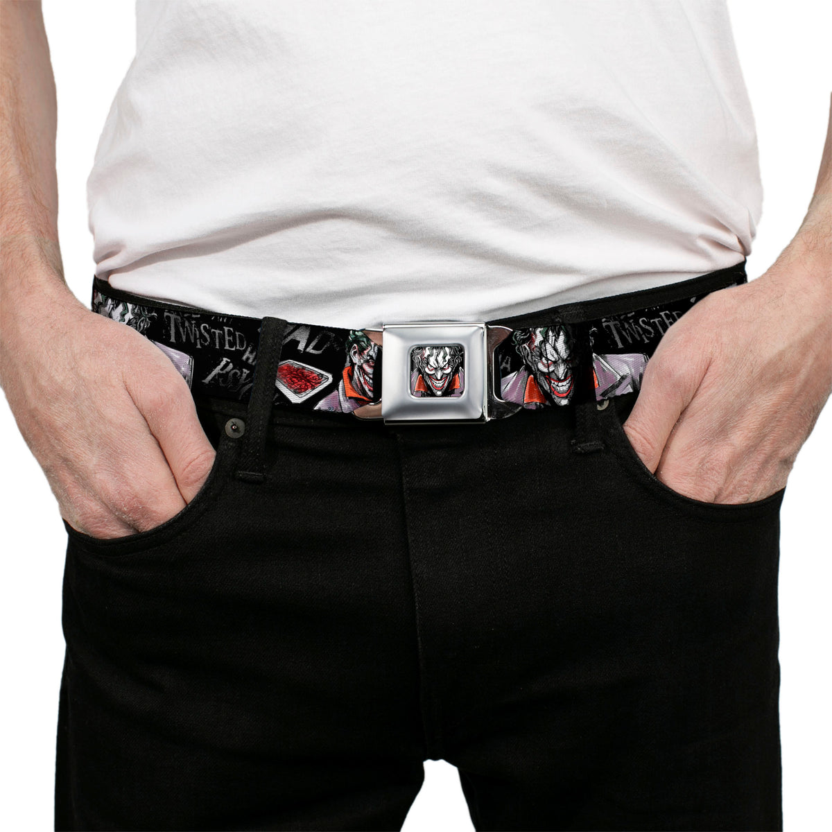 Joker Face Stare Full Color Seatbelt Belt - Joker BRILLIANTLY TWISTED PSYCHO 2-Poses/Cards Black/Grays Webbing Seatbelt Belts DC Comics