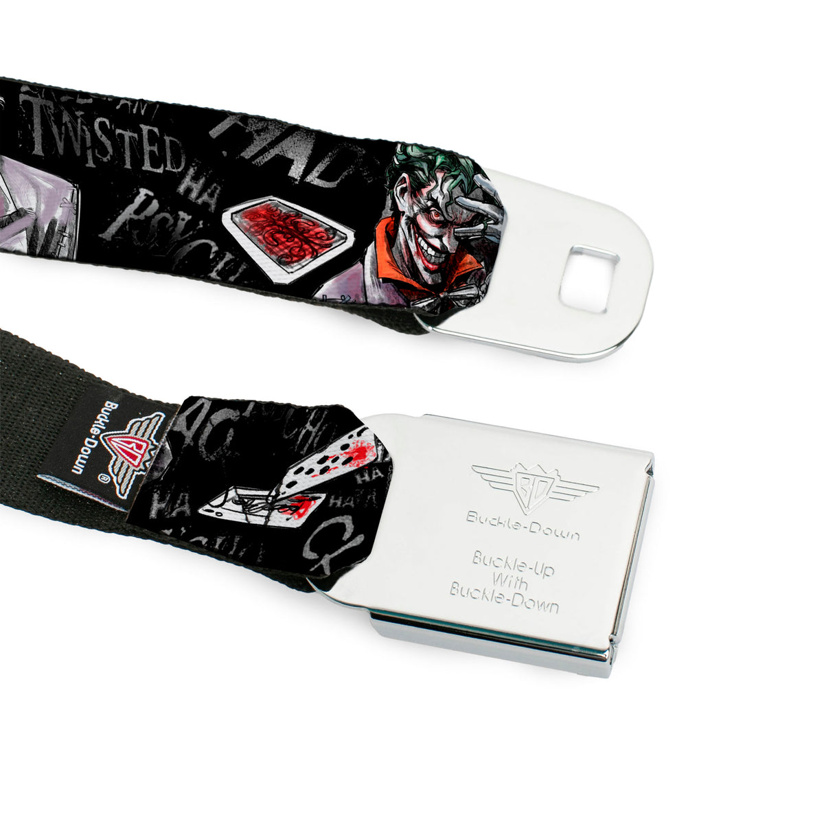 Joker Face Stare Full Color Seatbelt Belt - Joker BRILLIANTLY TWISTED PSYCHO 2-Poses/Cards Black/Grays Webbing Seatbelt Belts DC Comics