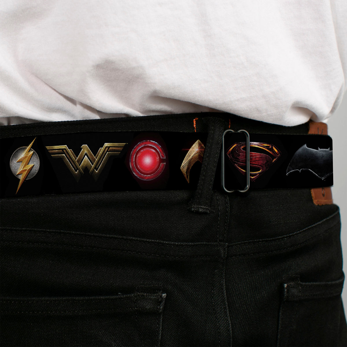 JL 2017 Badge Full Color Black Grays Seatbelt Belt - Justice League 2017 6-Superhero Icons Black Webbing Seatbelt Belts DC Comics