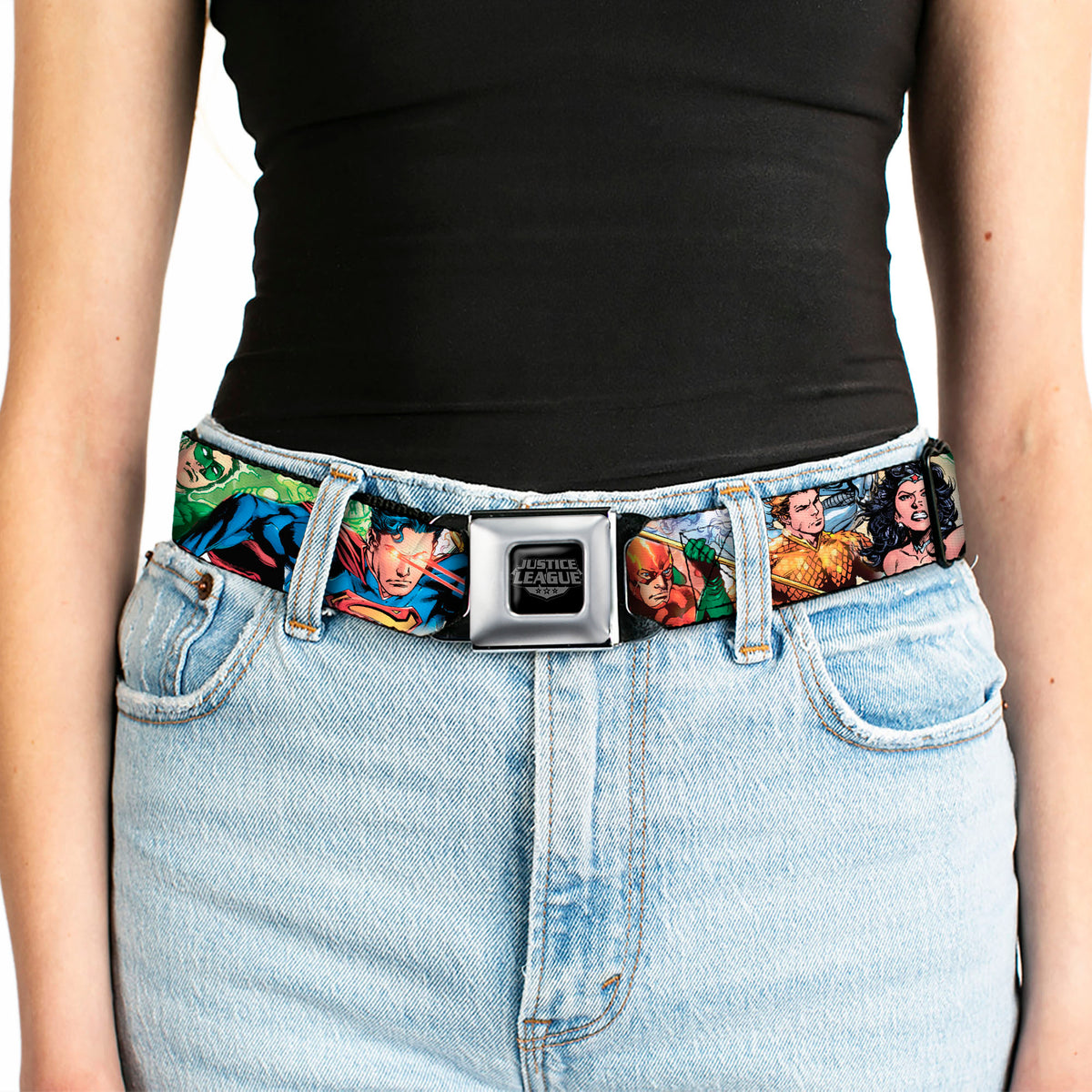 Justice League of America Reverse Brushed Black Silver Seatbelt Belt - Justice League New 52 Superhero Action Poses Webbing Seatbelt Belts DC Comics
