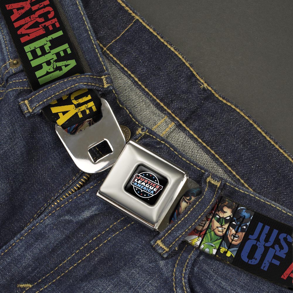 JUSTICE LEAGUE OF AMERICA Badge Black/White/Red/Blue Seatbelt Belt - JUSTICE LEAGUE OF AMERICA w/Superhero Blocks Black/Multi Color Webbing Seatbelt Belts DC Comics