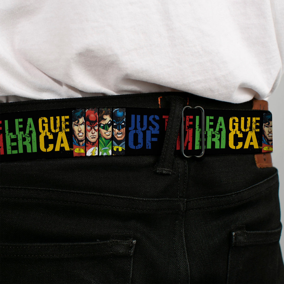JUSTICE LEAGUE OF AMERICA Badge Black/White/Red/Blue Seatbelt Belt - JUSTICE LEAGUE OF AMERICA w/Superhero Blocks Black/Multi Color Webbing Seatbelt Belts DC Comics