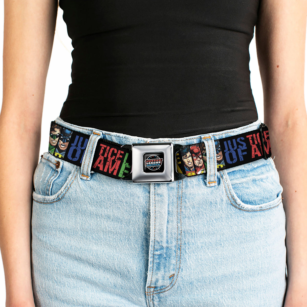 JUSTICE LEAGUE OF AMERICA Badge Black/White/Red/Blue Seatbelt Belt - JUSTICE LEAGUE OF AMERICA w/Superhero Blocks Black/Multi Color Webbing Seatbelt Belts DC Comics