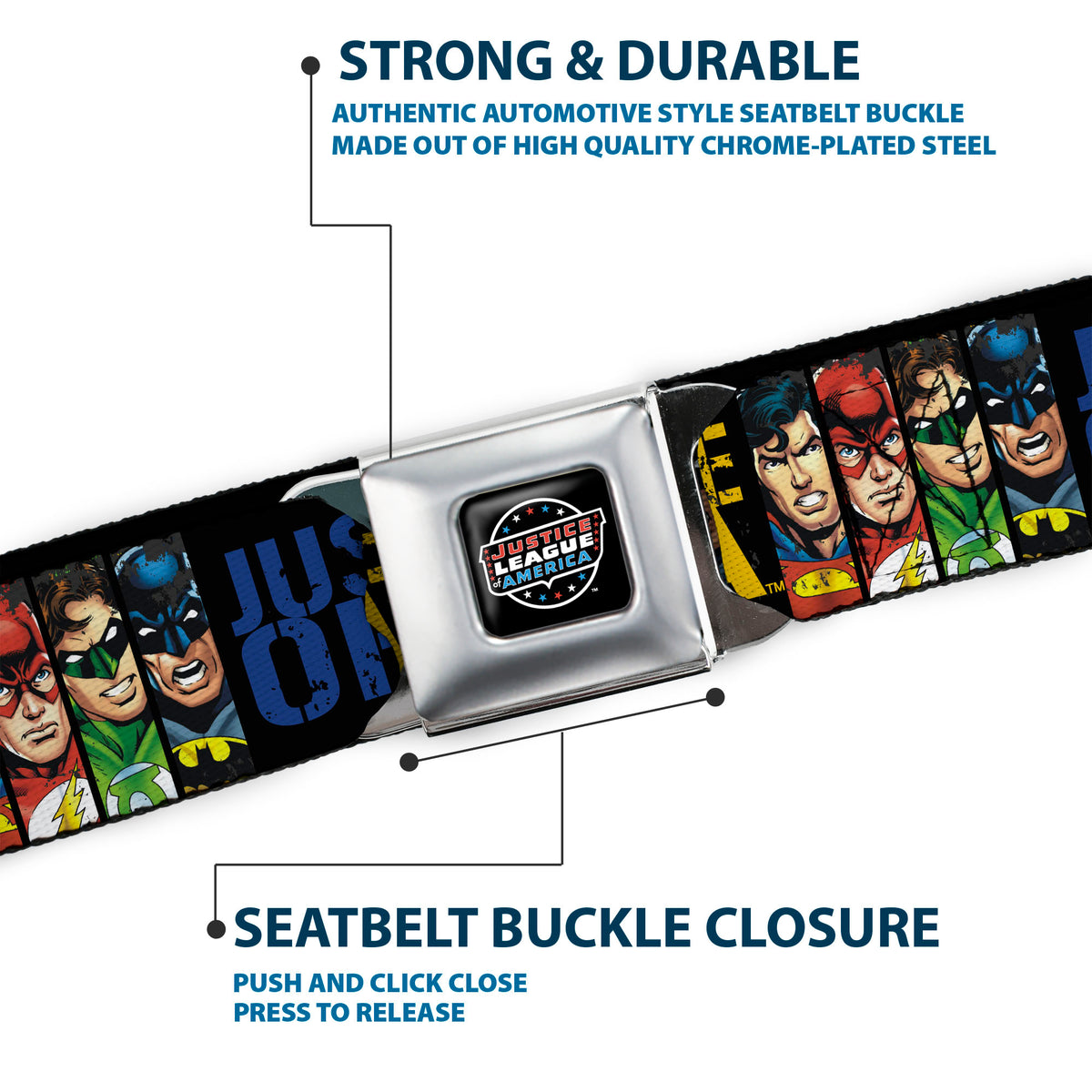 JUSTICE LEAGUE OF AMERICA Badge Black/White/Red/Blue Seatbelt Belt - JUSTICE LEAGUE OF AMERICA w/Superhero Blocks Black/Multi Color Webbing Seatbelt Belts DC Comics