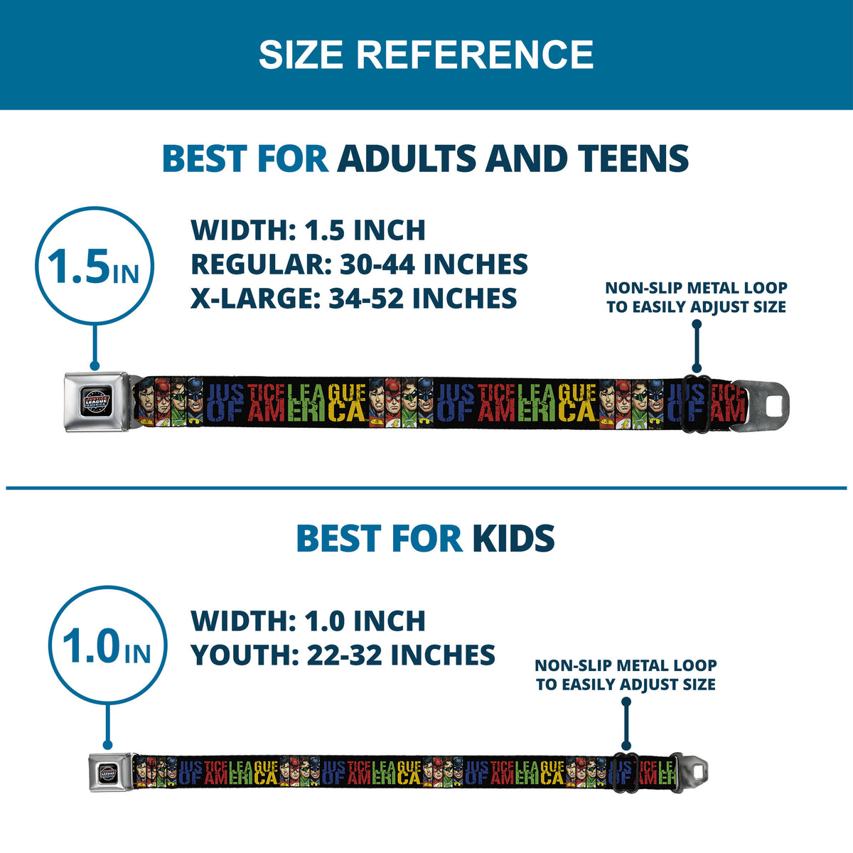 JUSTICE LEAGUE OF AMERICA Badge Black/White/Red/Blue Seatbelt Belt - JUSTICE LEAGUE OF AMERICA w/Superhero Blocks Black/Multi Color Webbing Seatbelt Belts DC Comics
